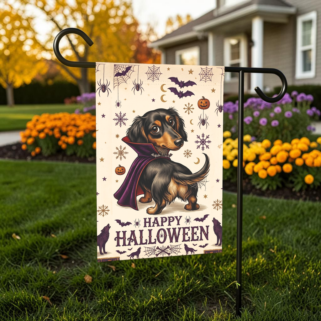 Happy Halloween Vampire Long Hair Dachshund Garden Flag