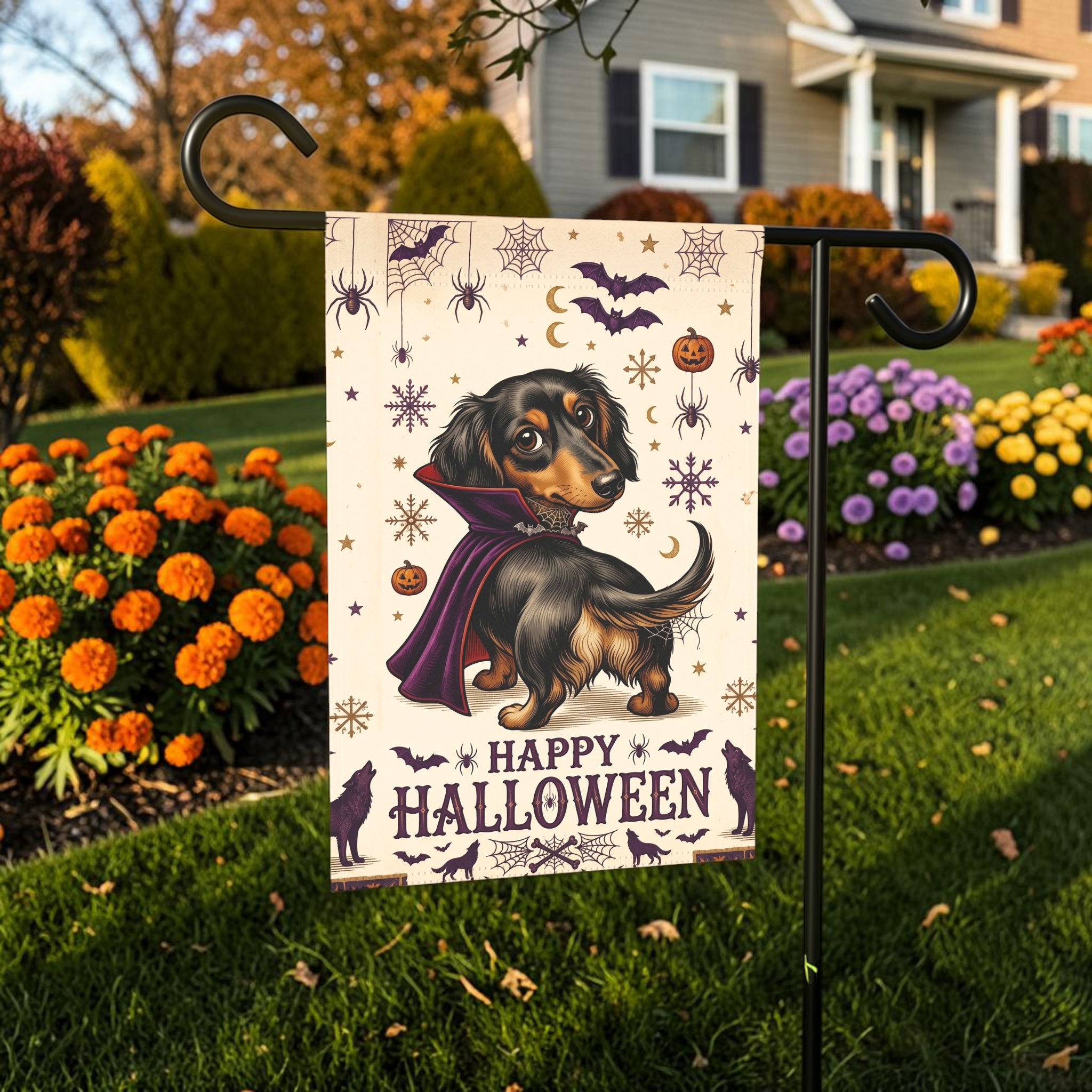 Happy Halloween Vampire Long Hair Dachshund Garden Flag
