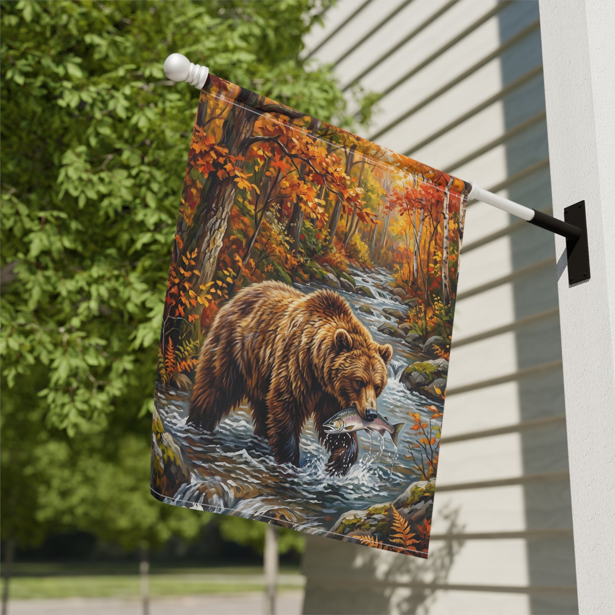 Autumn Day Bear Fishing Garden Flag Double Sided 12x18 24x32 Outdoor