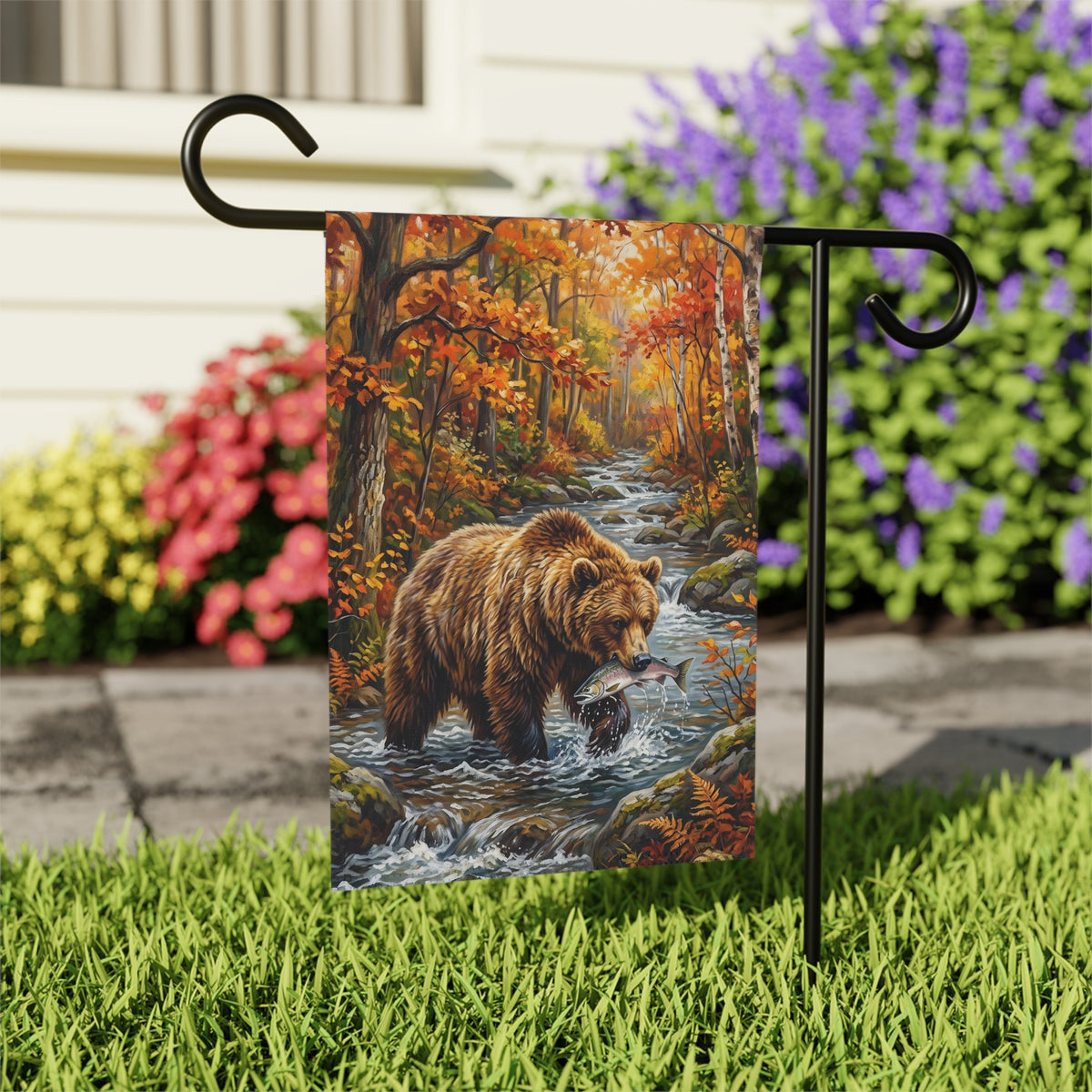 Autumn Day Bear Fishing Garden Flag