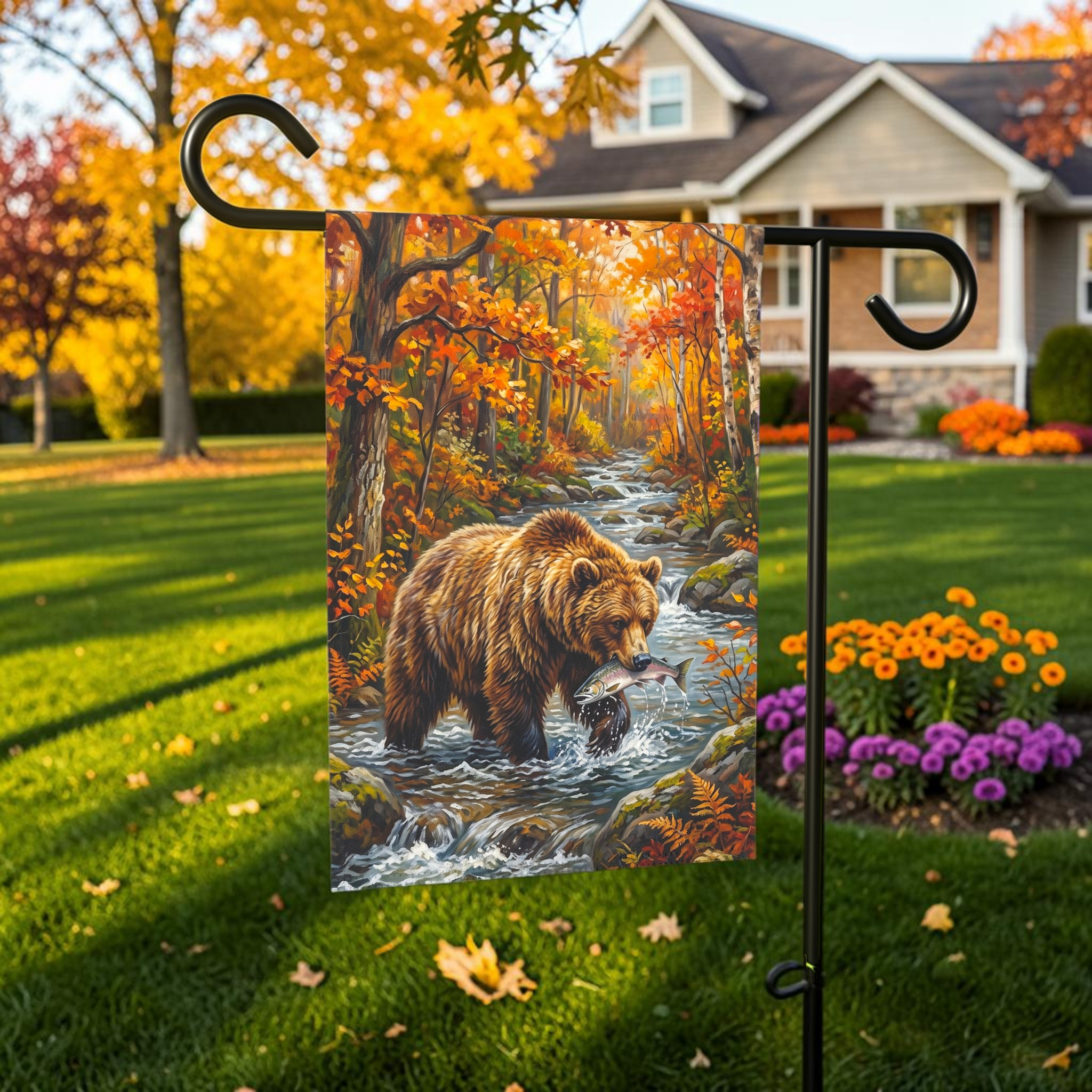 Autumn Day Bear Fishing Garden Flag