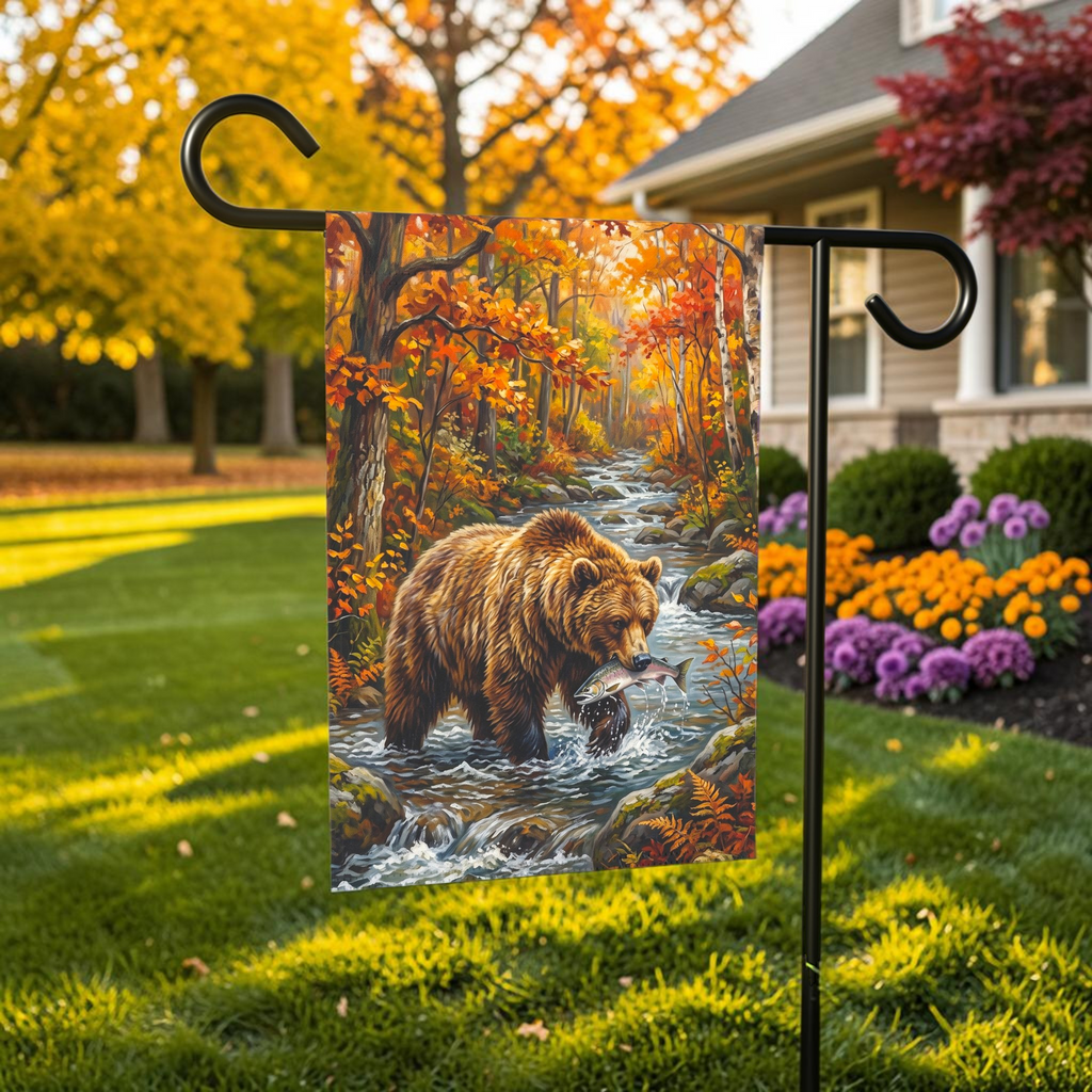 Autumn Day Bear Fishing Garden Flag