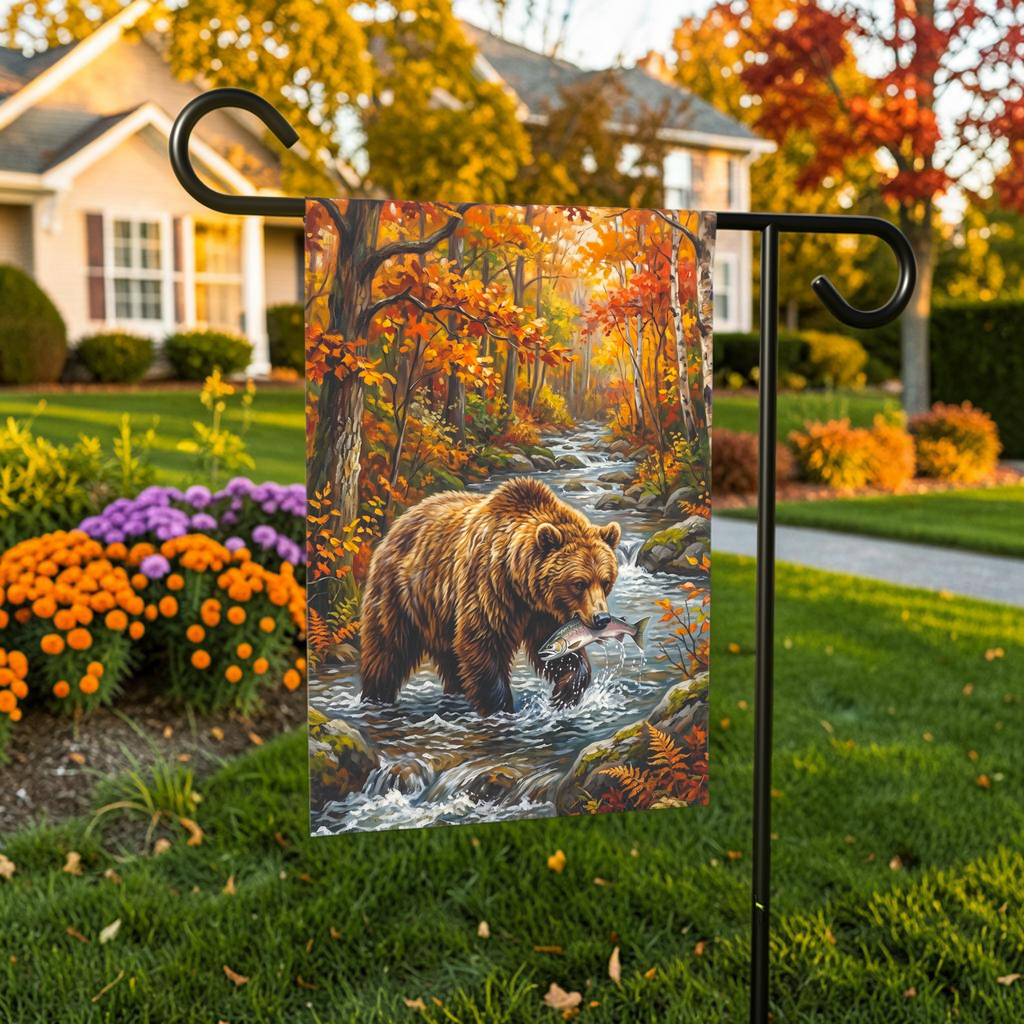 Autumn Day Bear Fishing Garden Flag