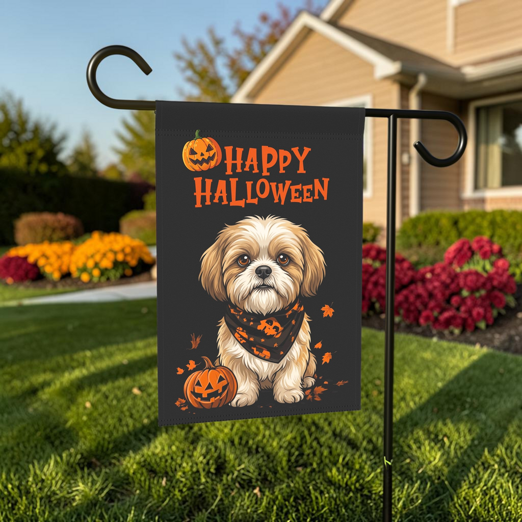 Little Pumpkin And Shih Tzu Happy Halloween Garden Flag