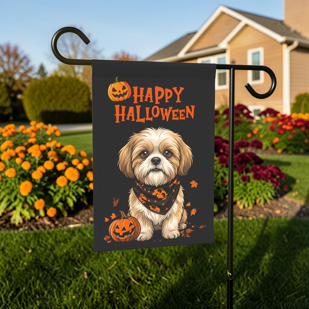 Little Pumpkin And Shih Tzu Happy Halloween Garden Flag