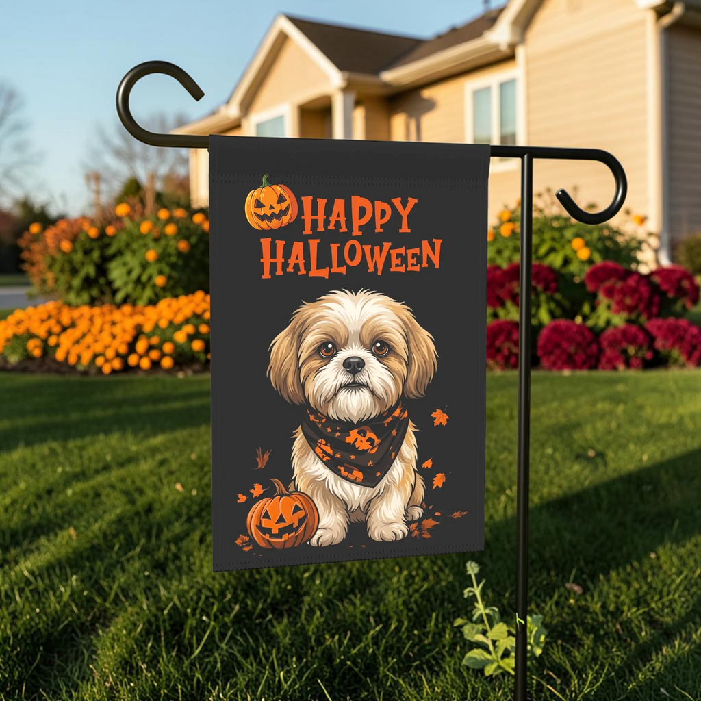 Little Pumpkin And Shih Tzu Happy Halloween Garden Flag