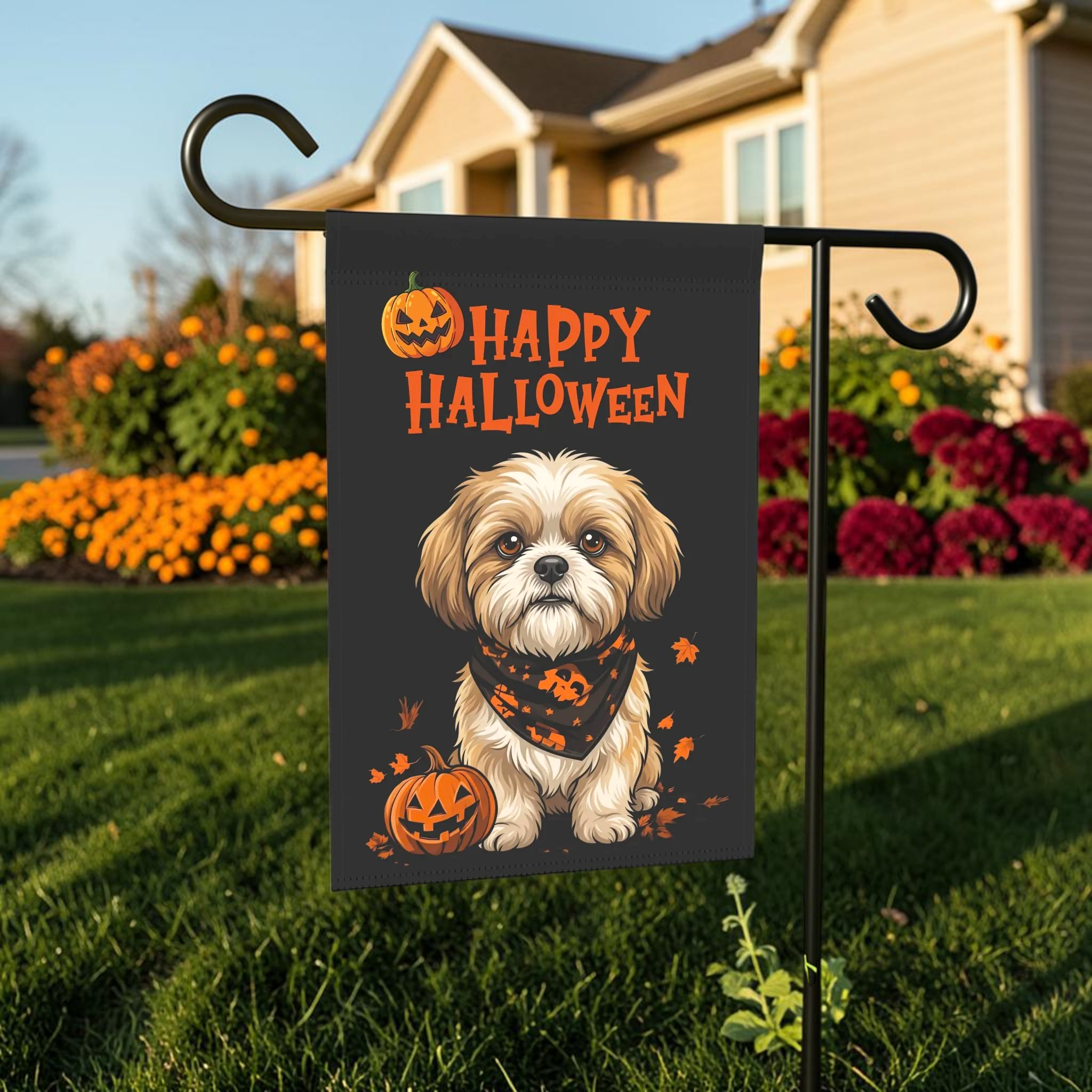 Little Pumpkin And Shih Tzu Happy Halloween Garden Flag
