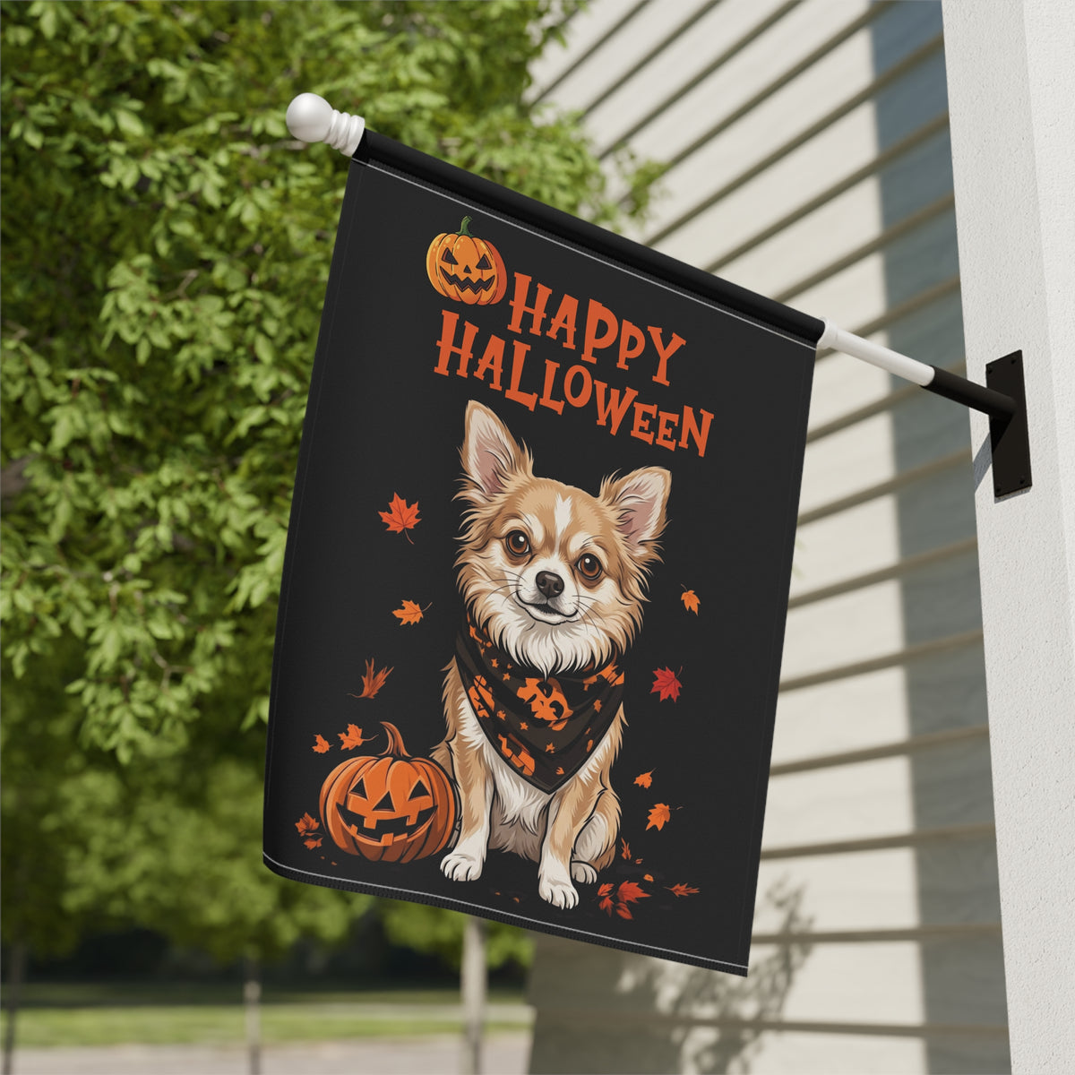 Little Pumpkin And Long Hair Chihuahua Happy Halloween Garden Flag