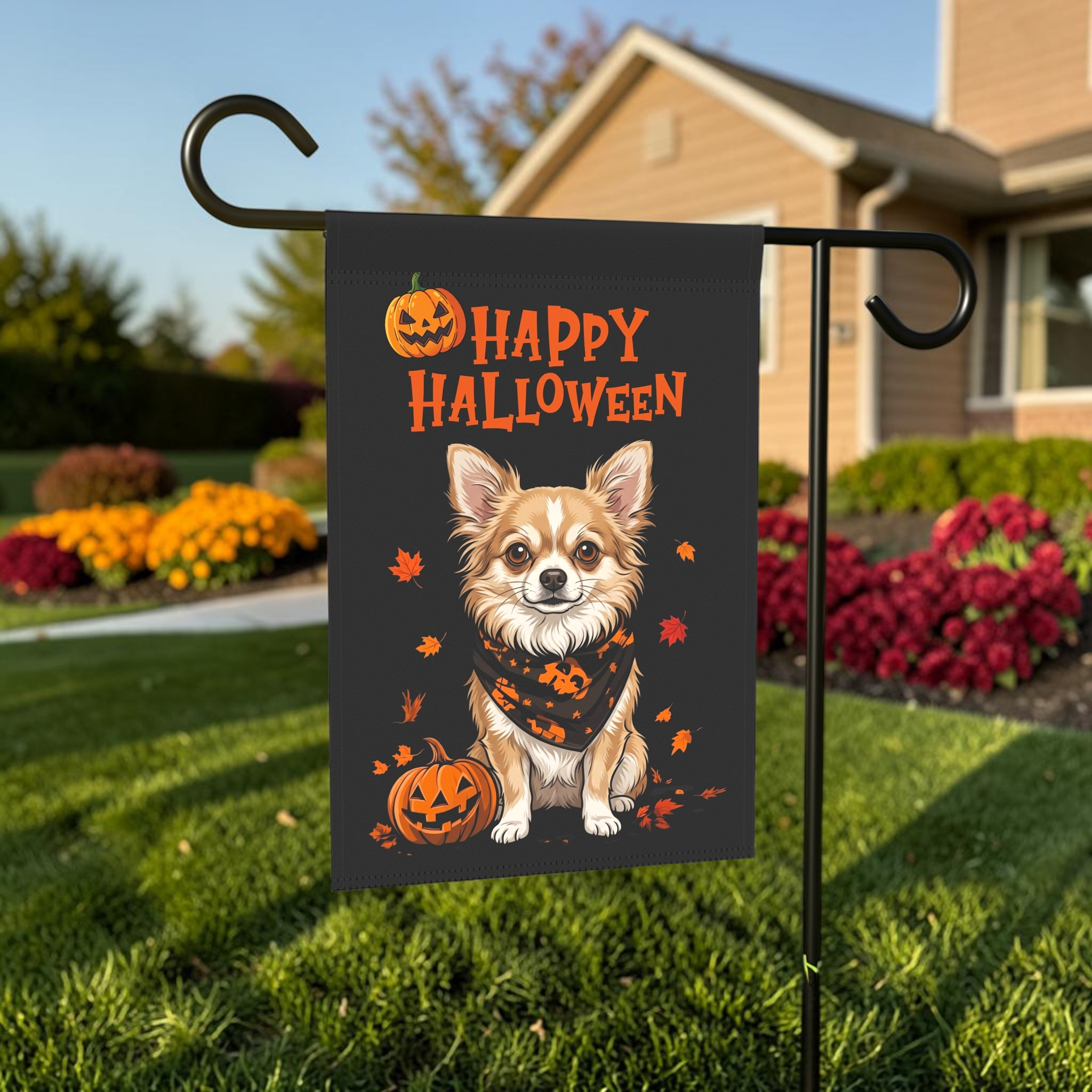 Little Pumpkin And Long Hair Chihuahua Happy Halloween Garden Flag