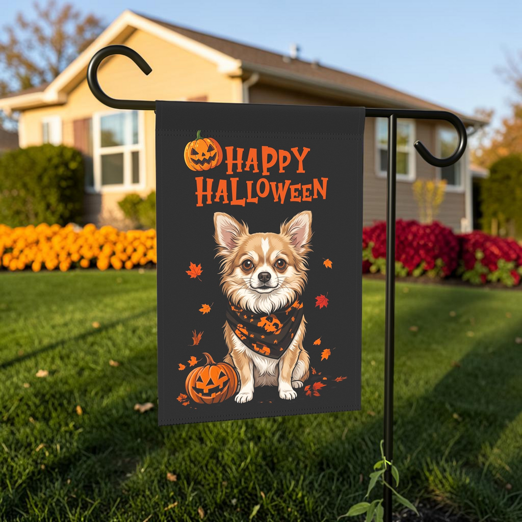 Little Pumpkin And Long Hair Chihuahua Happy Halloween Garden Flag