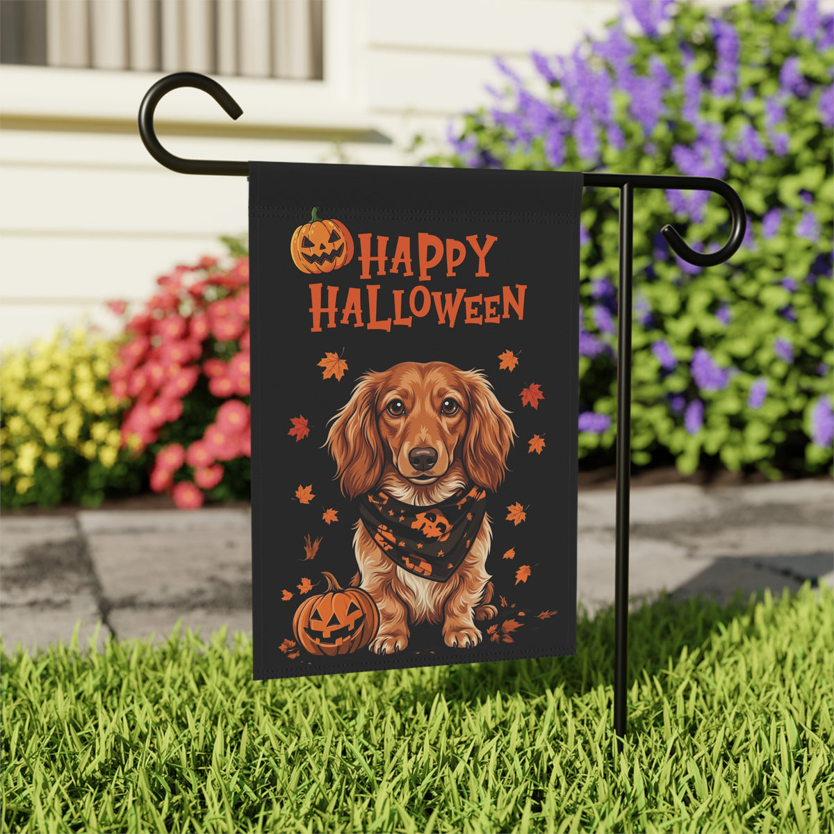 Little Pumpkin And Long Hair Dachshund Happy Halloween Garden Flag
