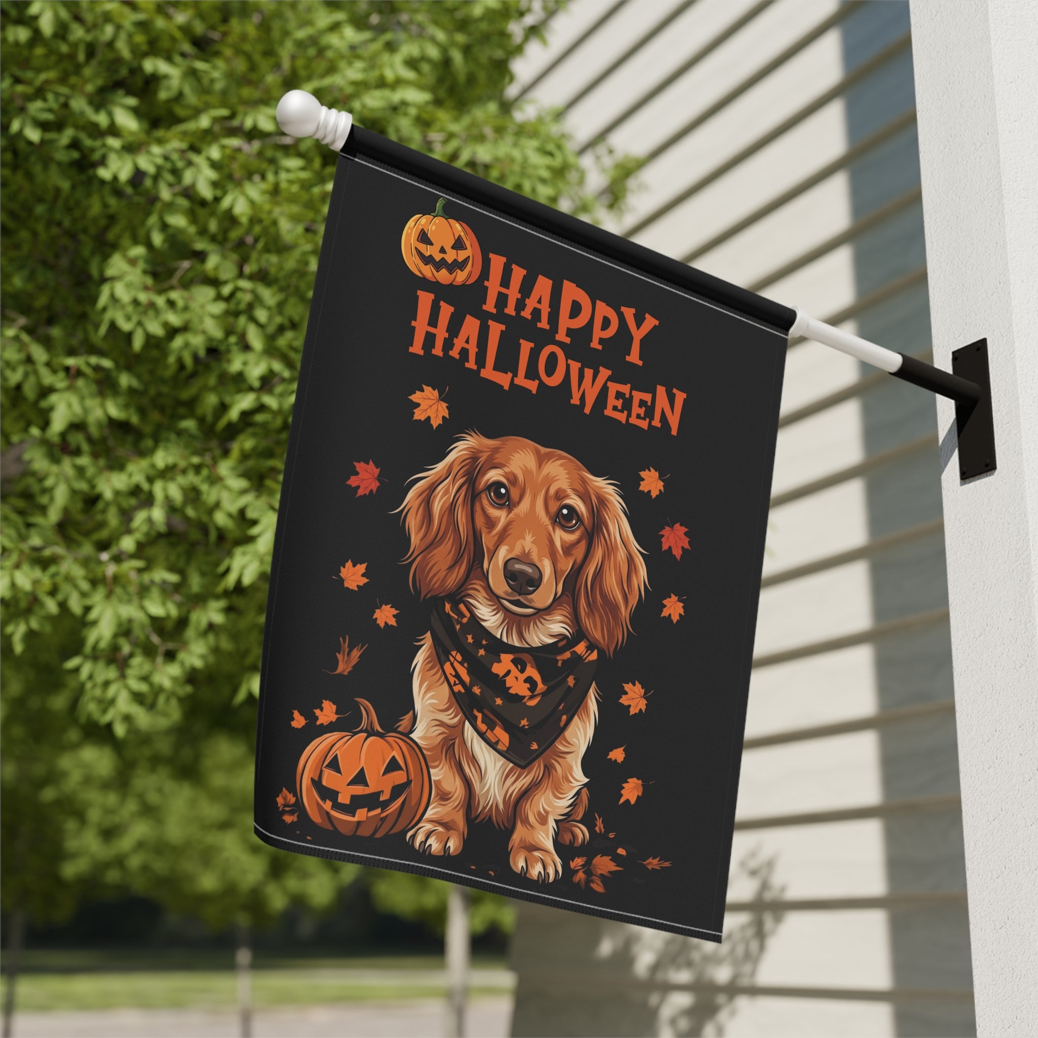 Little Pumpkin And Long Hair Dachshund Happy Halloween Garden Flag