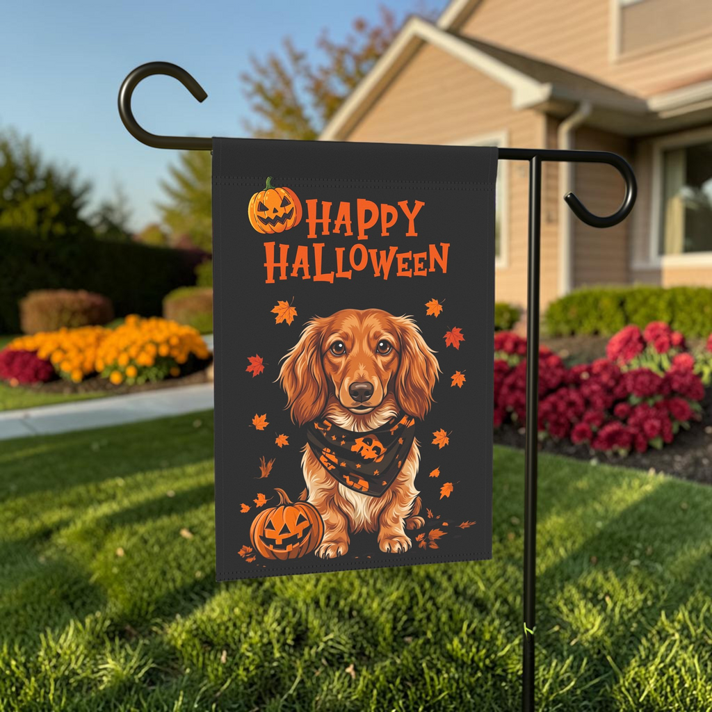 Little Pumpkin And Long Hair Dachshund Happy Halloween Garden Flag