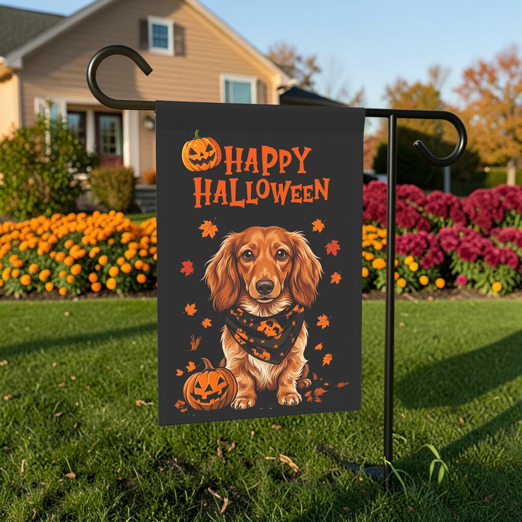 Little Pumpkin And Long Hair Dachshund Happy Halloween Garden Flag