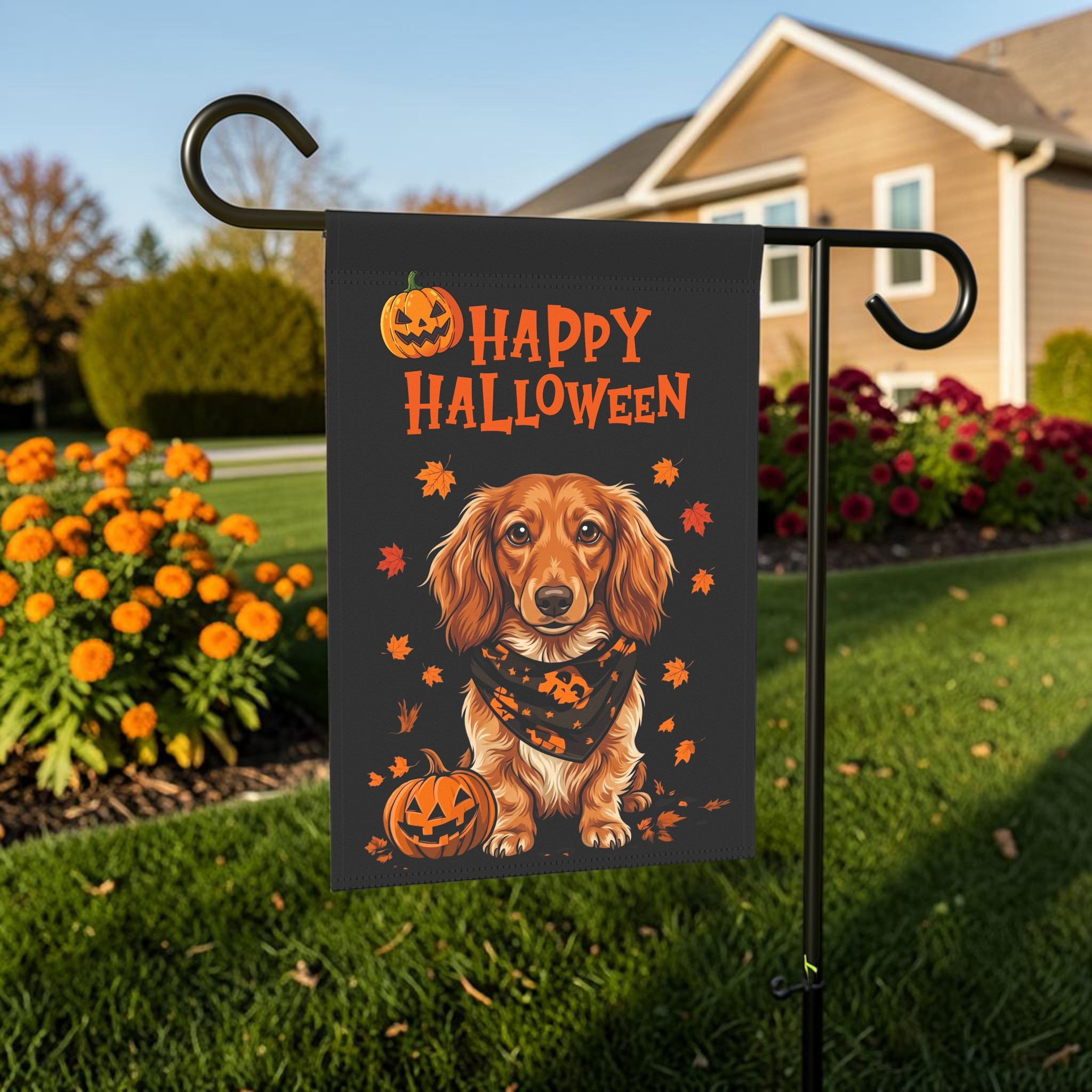 Little Pumpkin And Long Hair Dachshund Happy Halloween Garden Flag