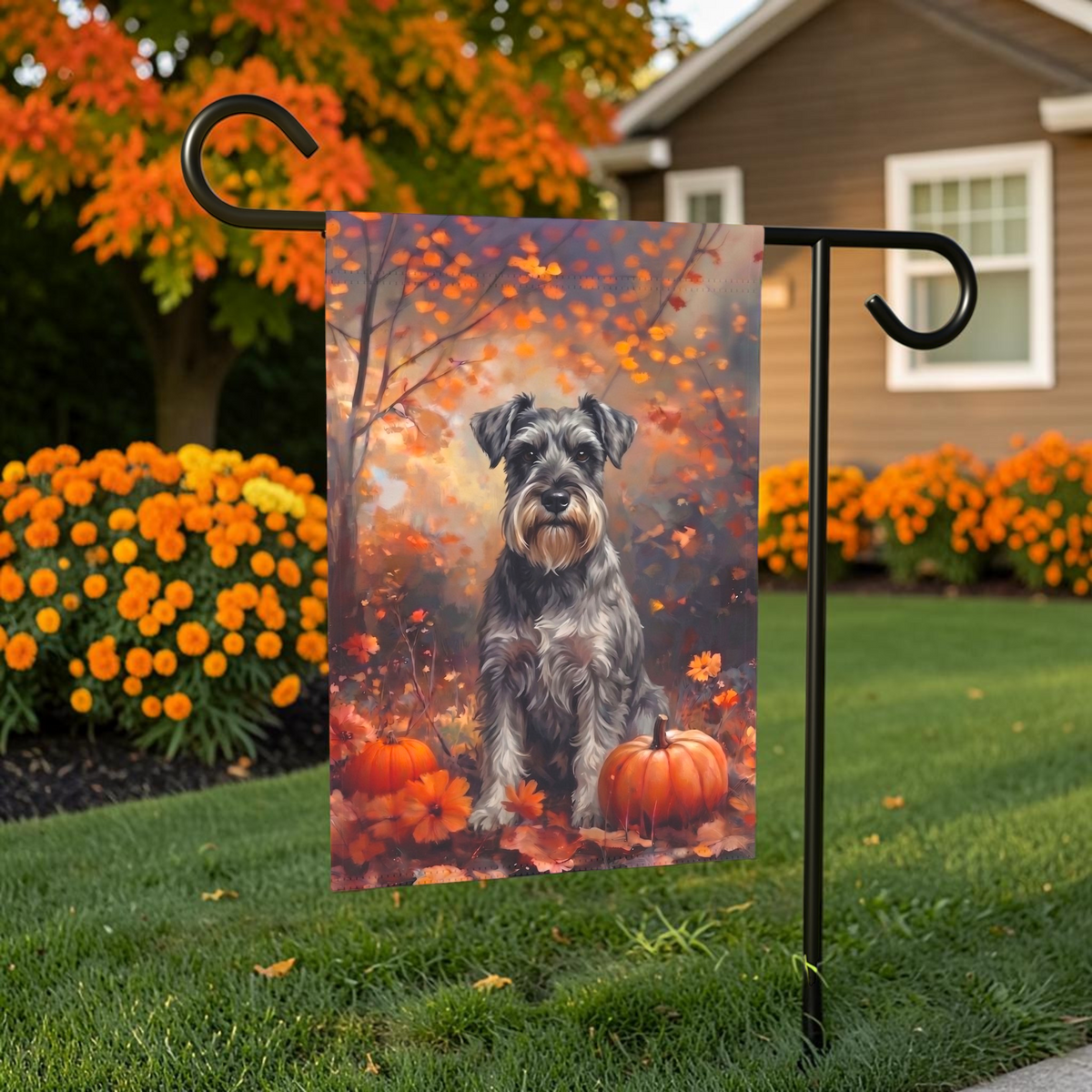 Fall Schnauzer with Pumpkins Autumn Garden Flag