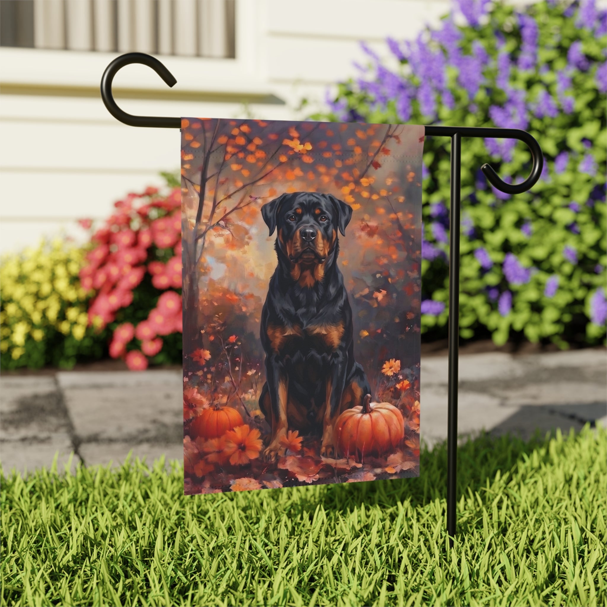 Fall Rottweiler With Pumpkins Autumn Garden Flag