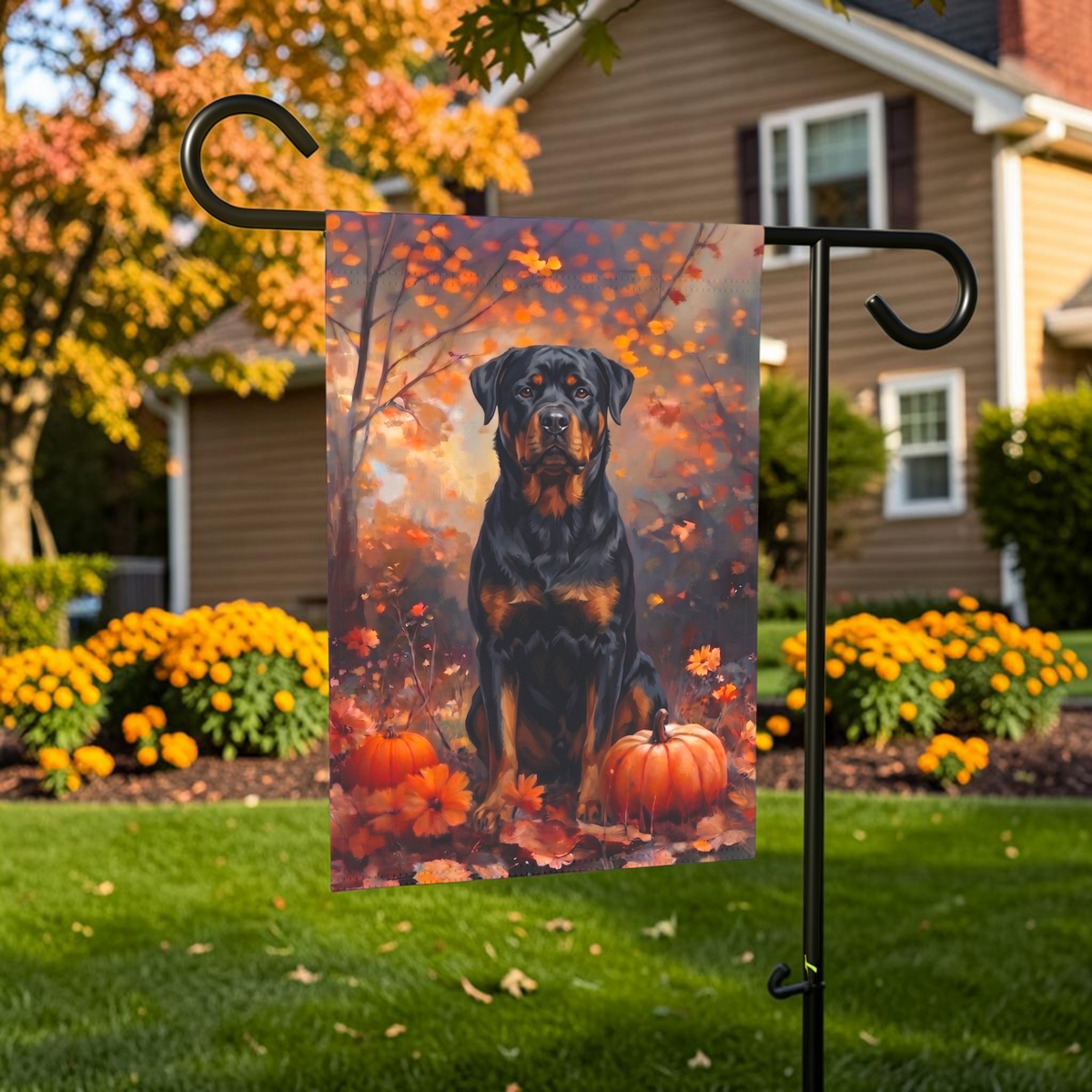 Fall Rottweiler With Pumpkins Autumn Garden Flag
