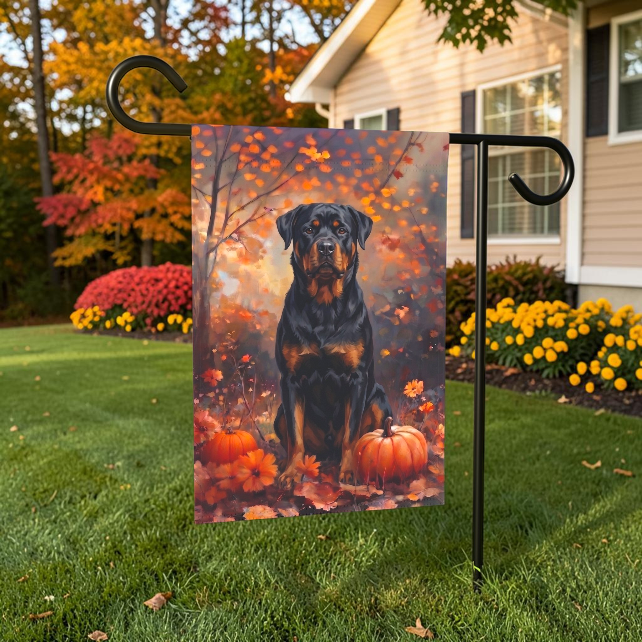 Fall Rottweiler With Pumpkins Autumn Garden Flag