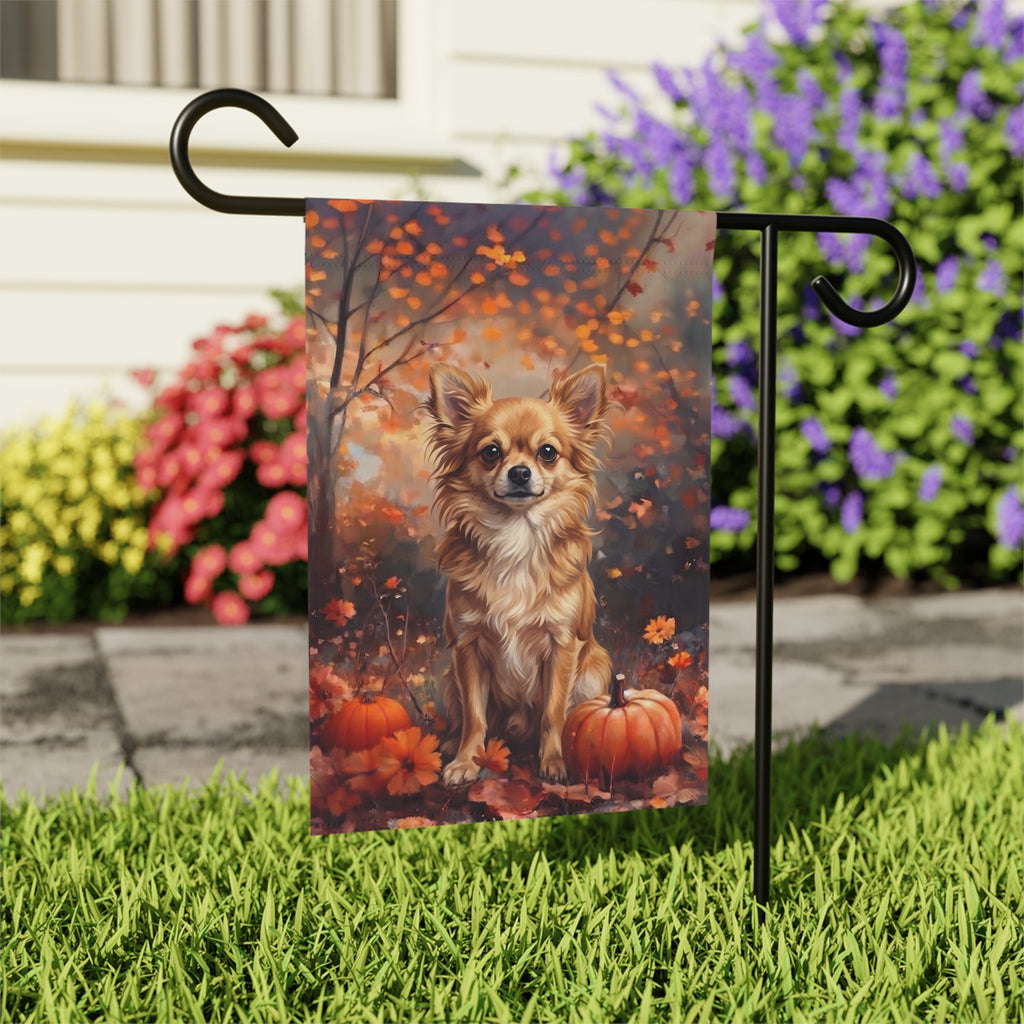 Fall Long Hair Chihuahua with Pumpkins Autumn Garden Flag