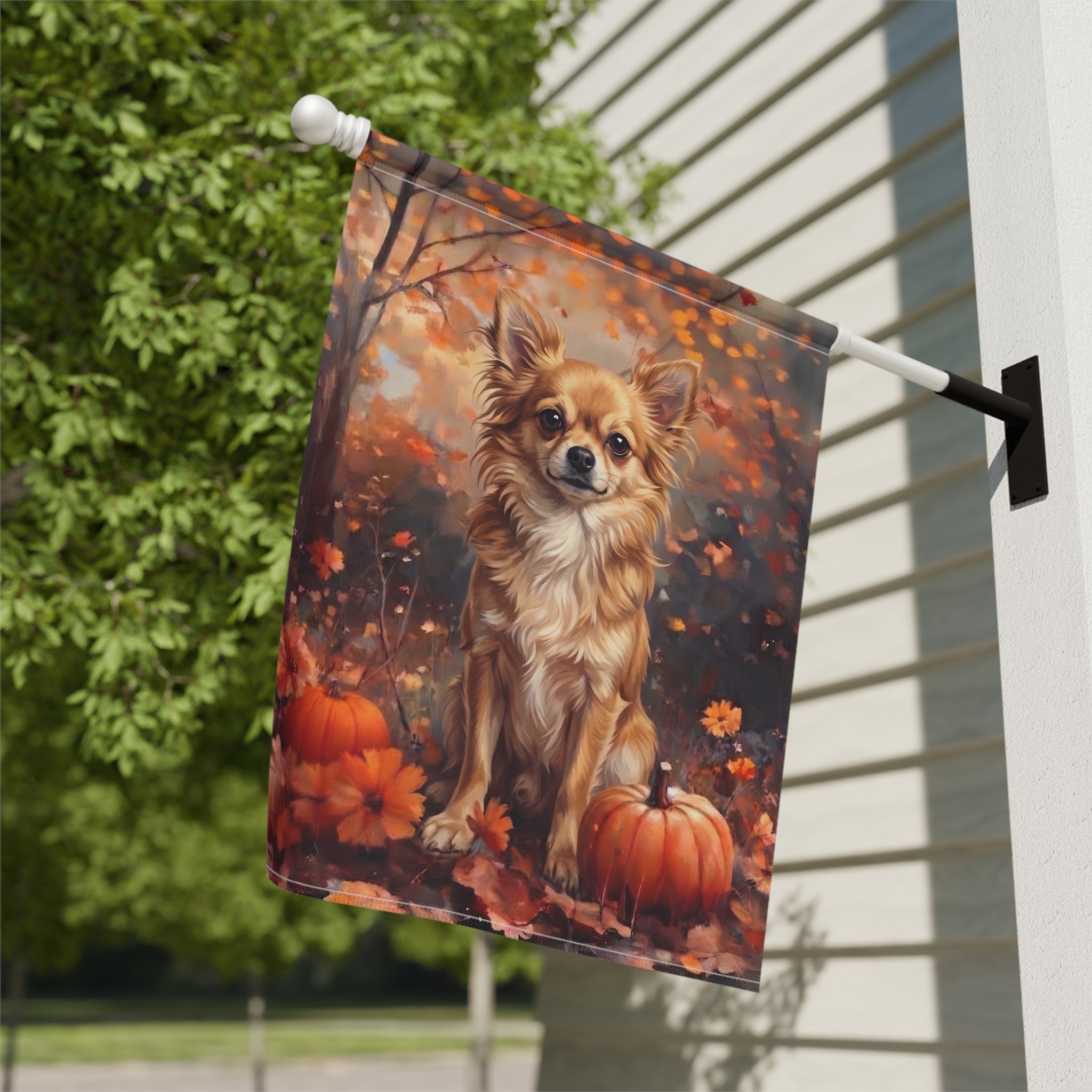 Fall Long Hair Chihuahua with Pumpkins Autumn Garden Flag