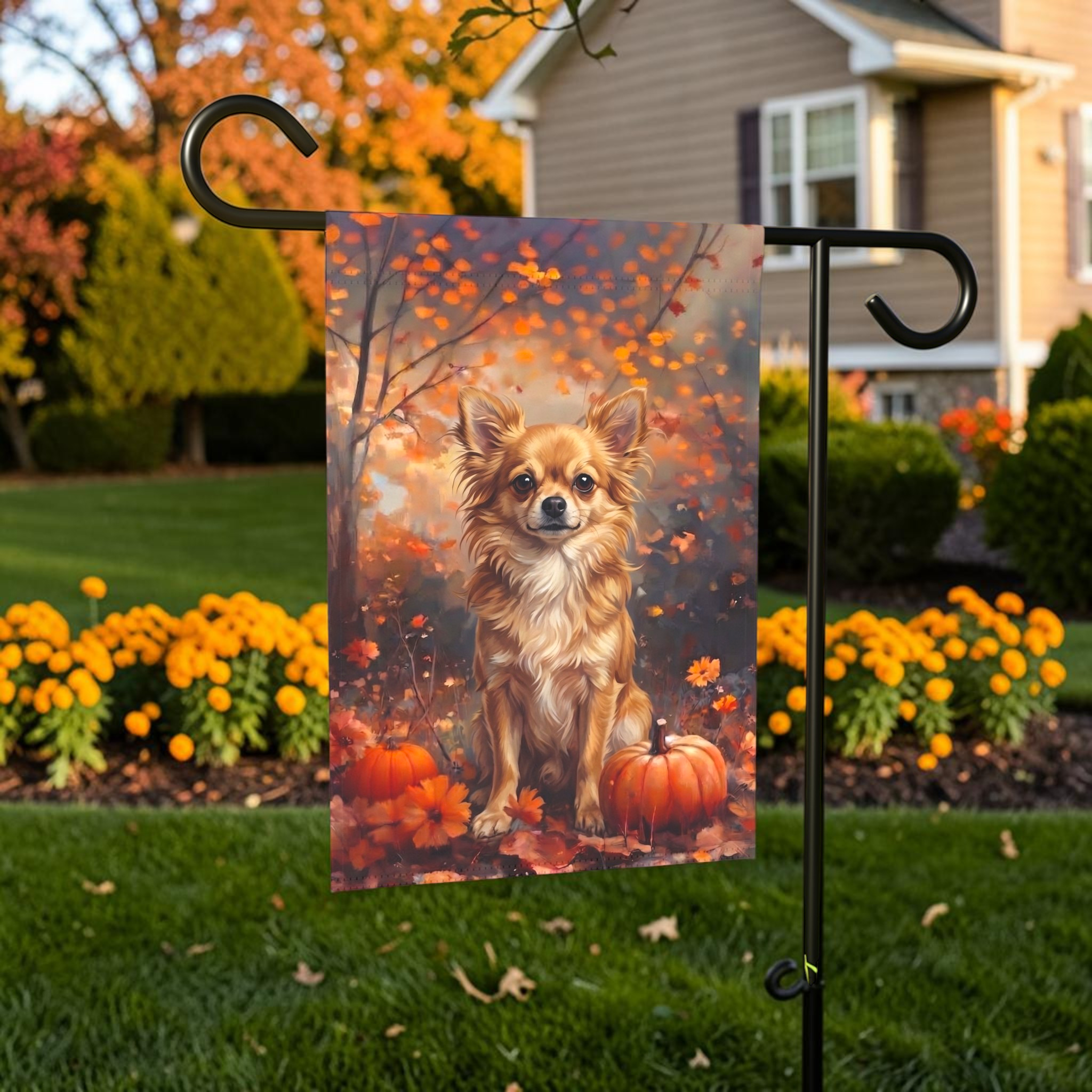 Fall Long Hair Chihuahua with Pumpkins Autumn Garden Flag