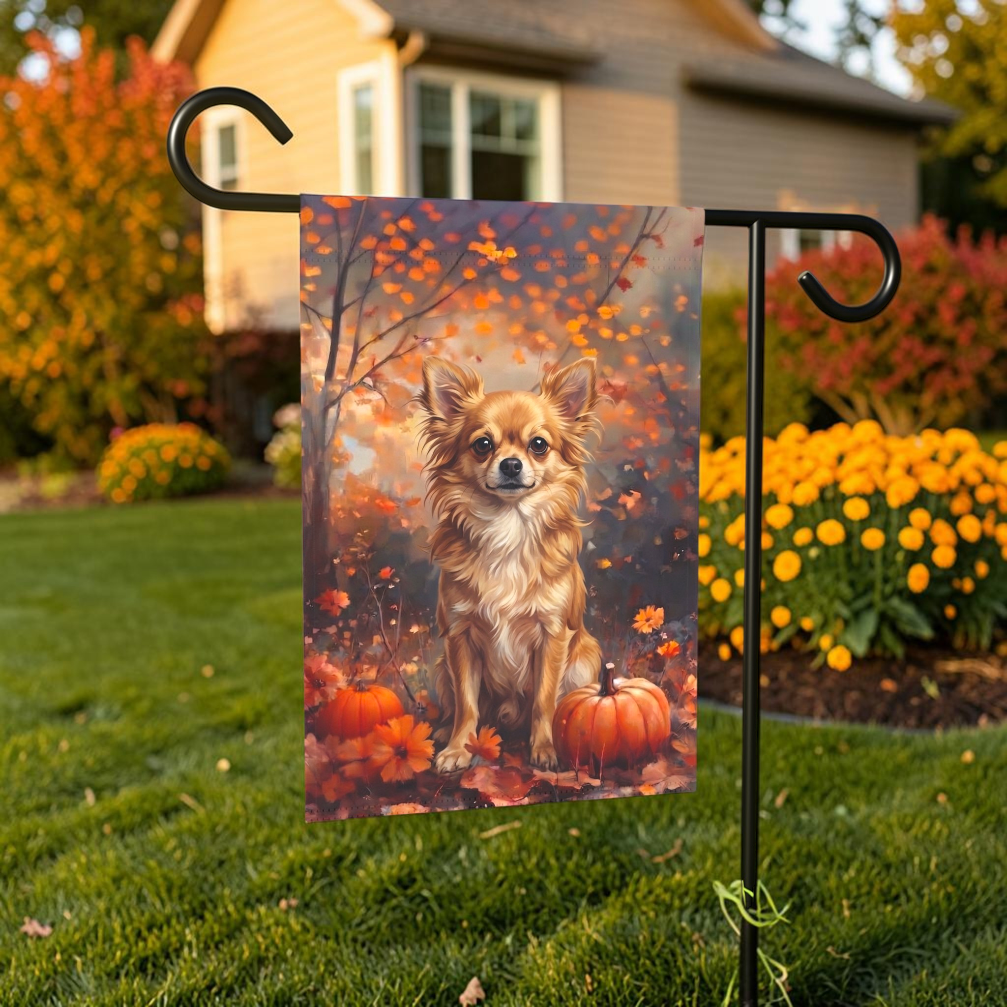 Fall Long Hair Chihuahua with Pumpkins Autumn Garden Flag