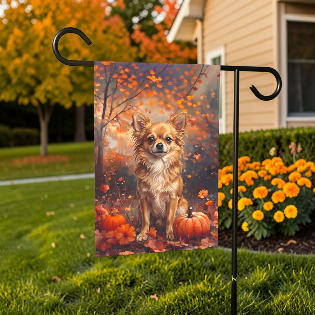 Fall Long Hair Chihuahua with Pumpkins Autumn Garden Flag