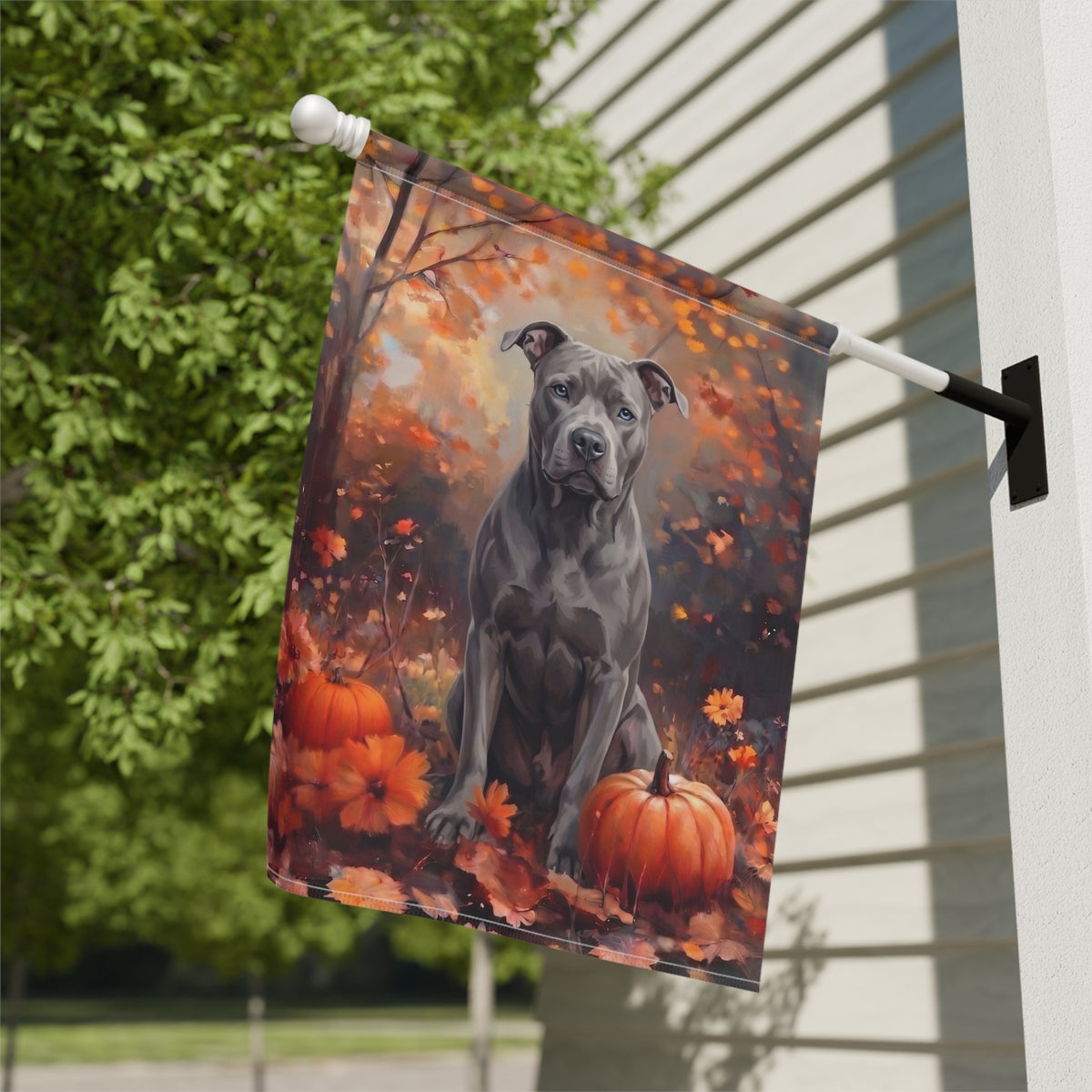 Fall Gray Pit Bull Terrier With Pumpkins Autumn Garden Flag