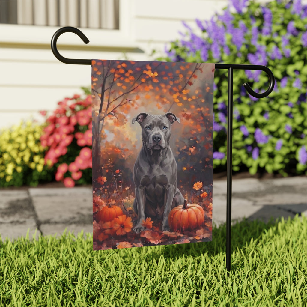 Fall Gray Pit Bull Terrier With Pumpkins Autumn Garden Flag