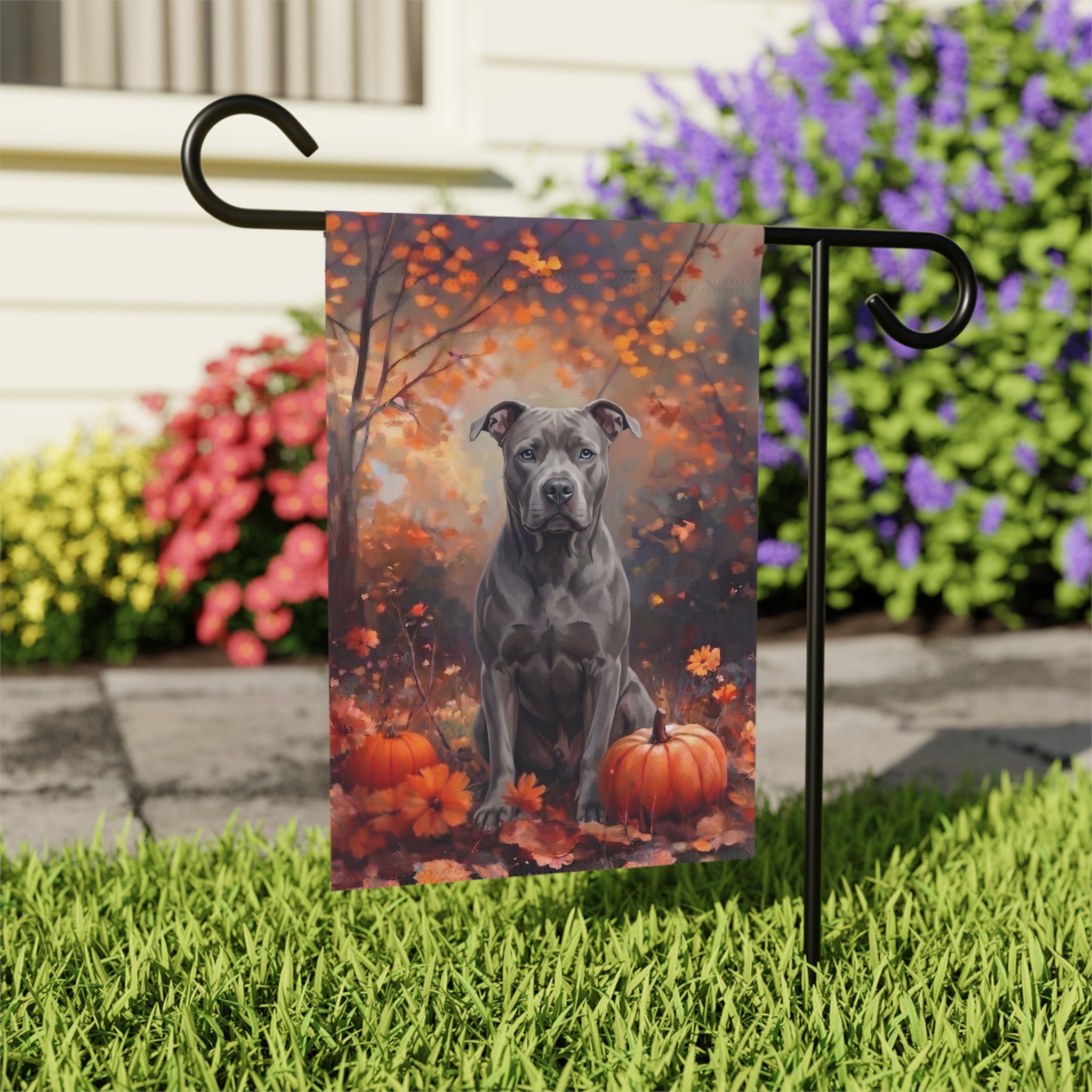 Fall Gray Pit Bull Terrier With Pumpkins Autumn Garden Flag