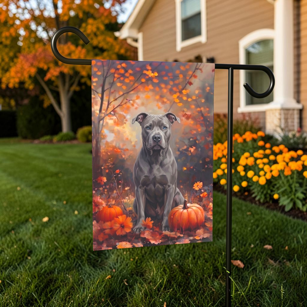 Fall Gray Pit Bull Terrier With Pumpkins Autumn Garden Flag