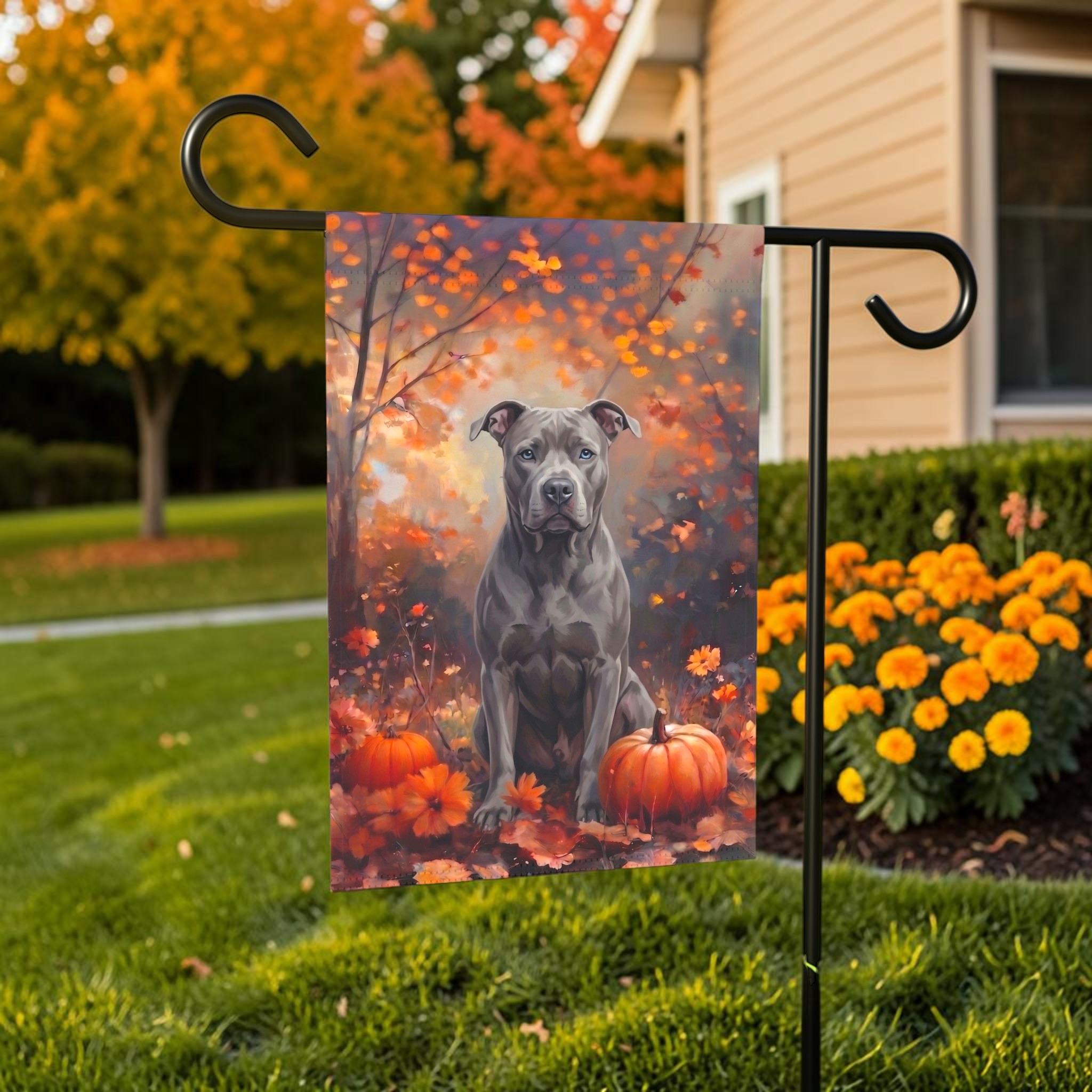 Fall Gray Pit Bull Terrier With Pumpkins Autumn Garden Flag