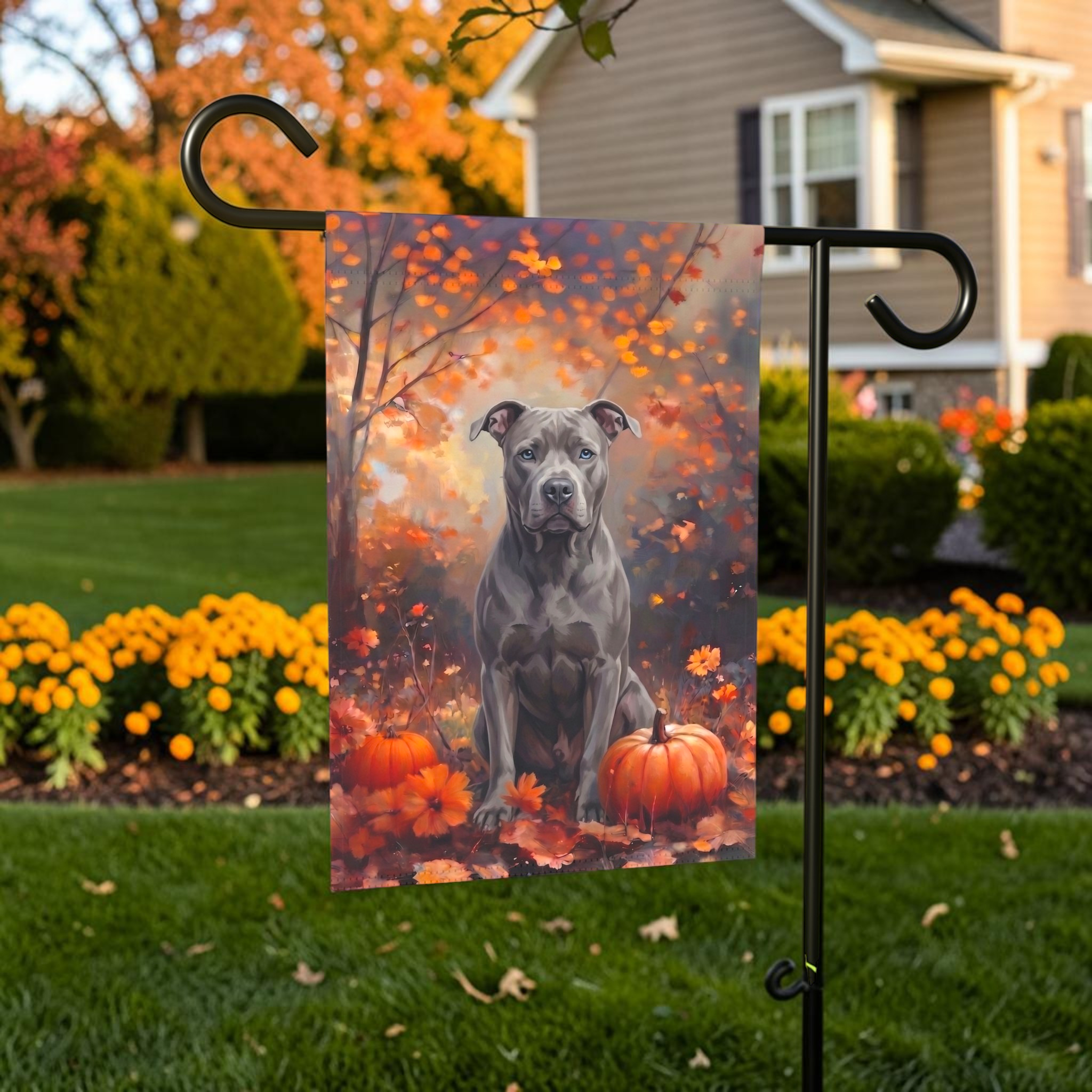 Fall Gray Pit Bull Terrier With Pumpkins Autumn Garden Flag