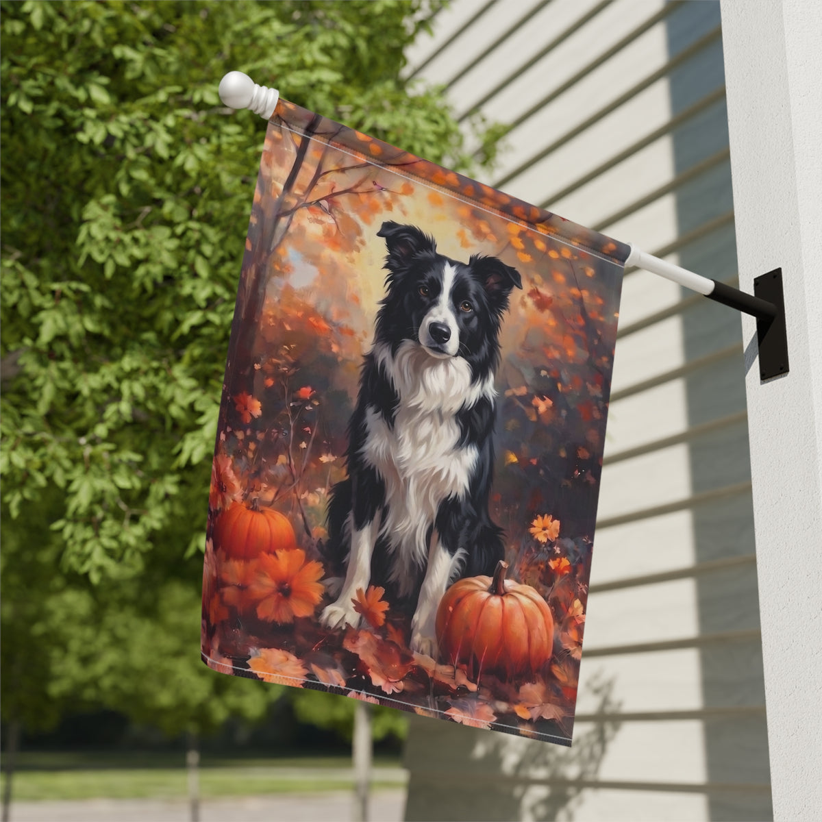 Fall Black and White Border Collie with Pumpkins Garden Flag