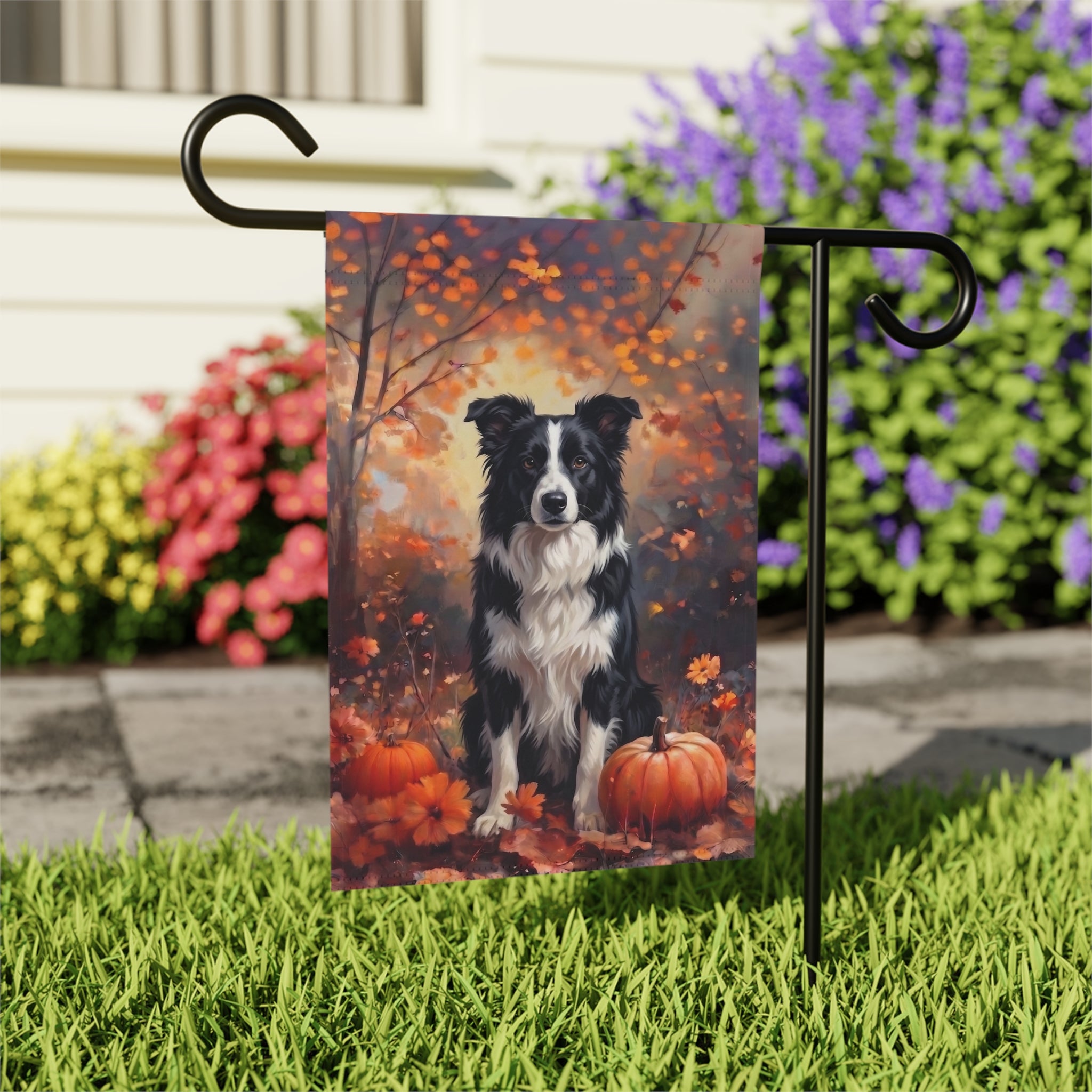 Fall Black and White Border Collie with Pumpkins Garden Flag