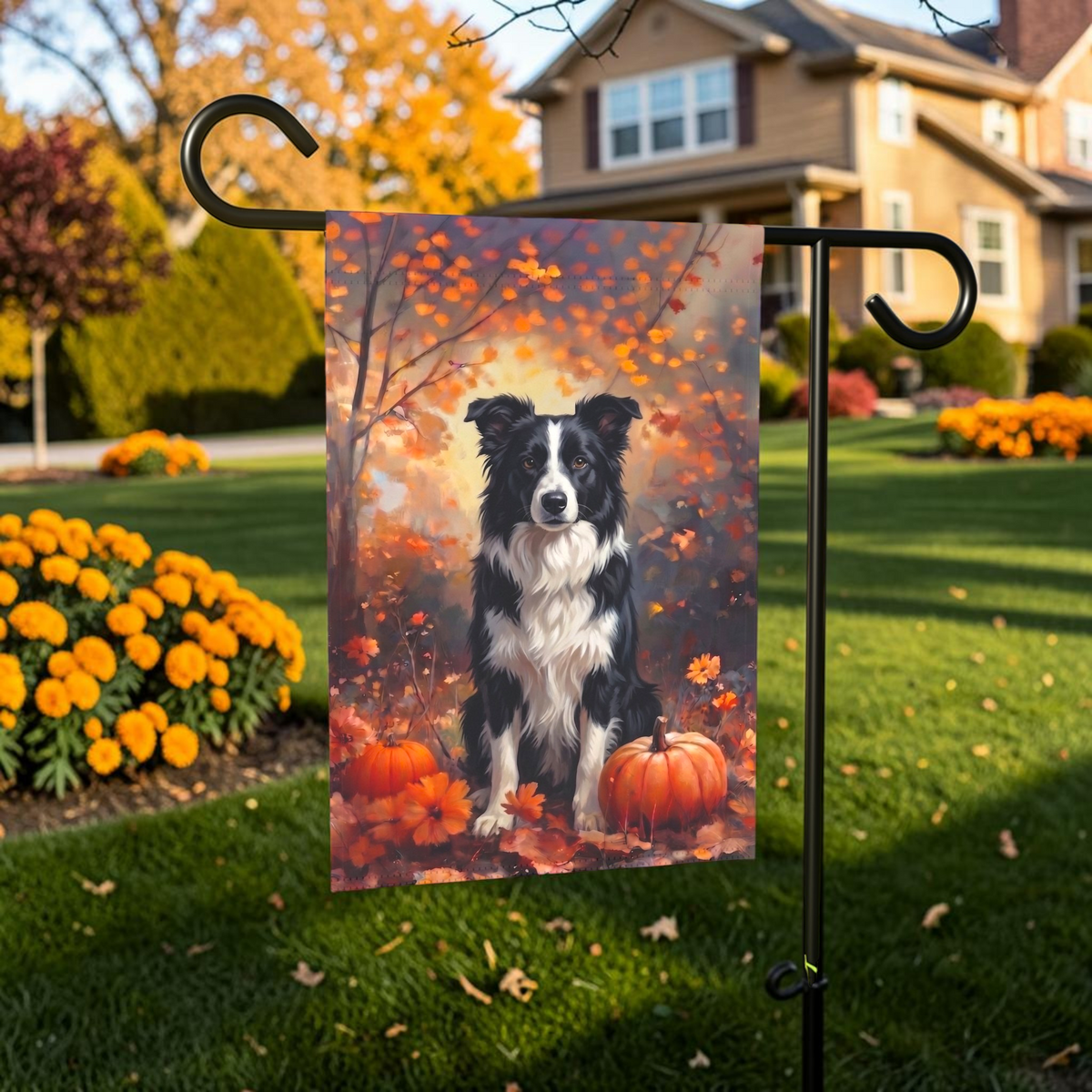 Fall Black and White Border Collie with Pumpkins Garden Flag