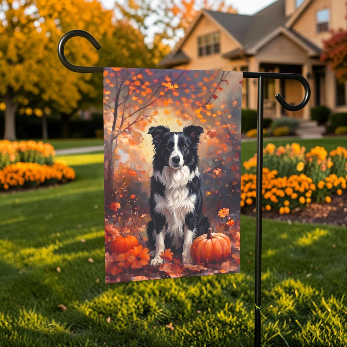 Fall Black and White Border Collie with Pumpkins Garden Flag