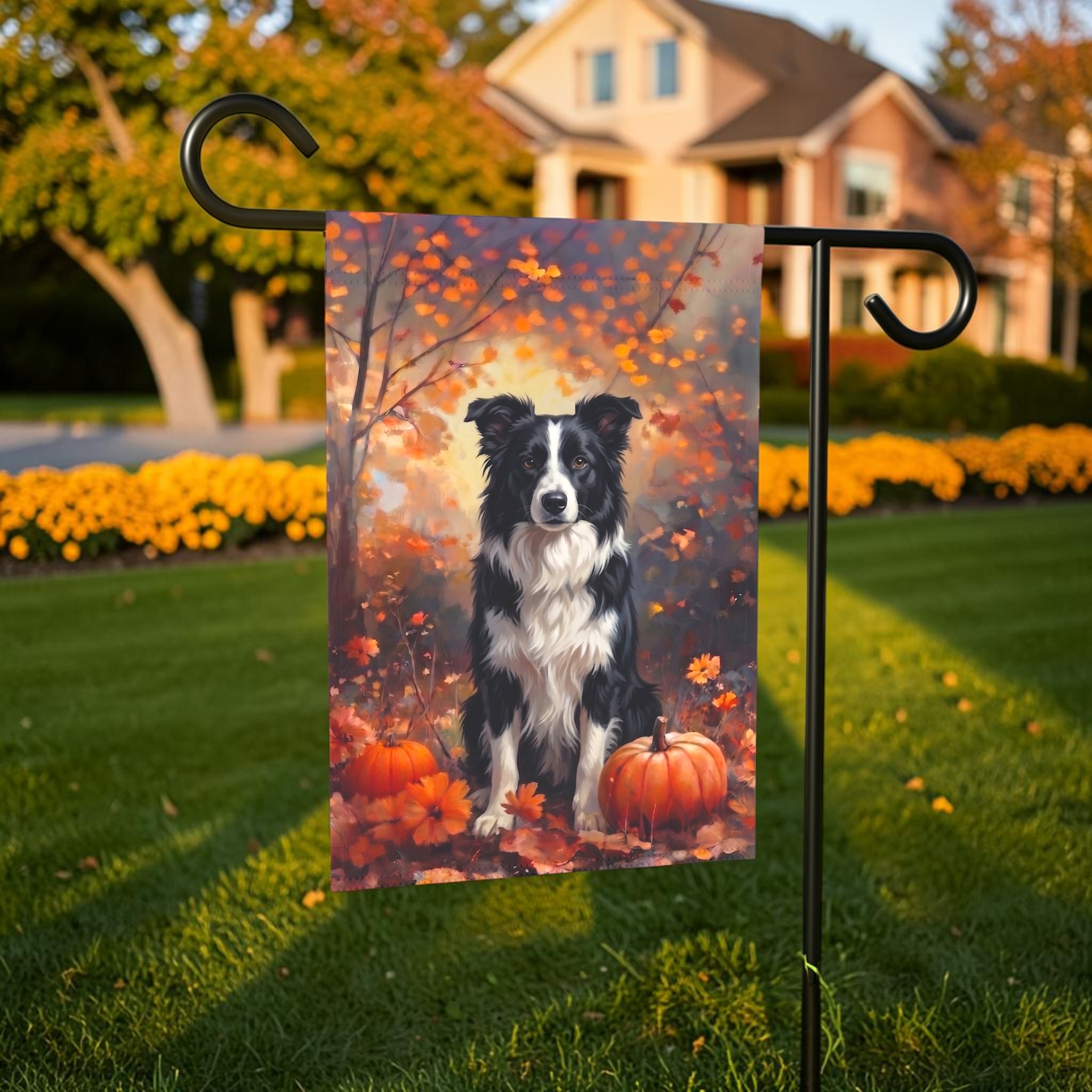 Fall Black and White Border Collie with Pumpkins Garden Flag