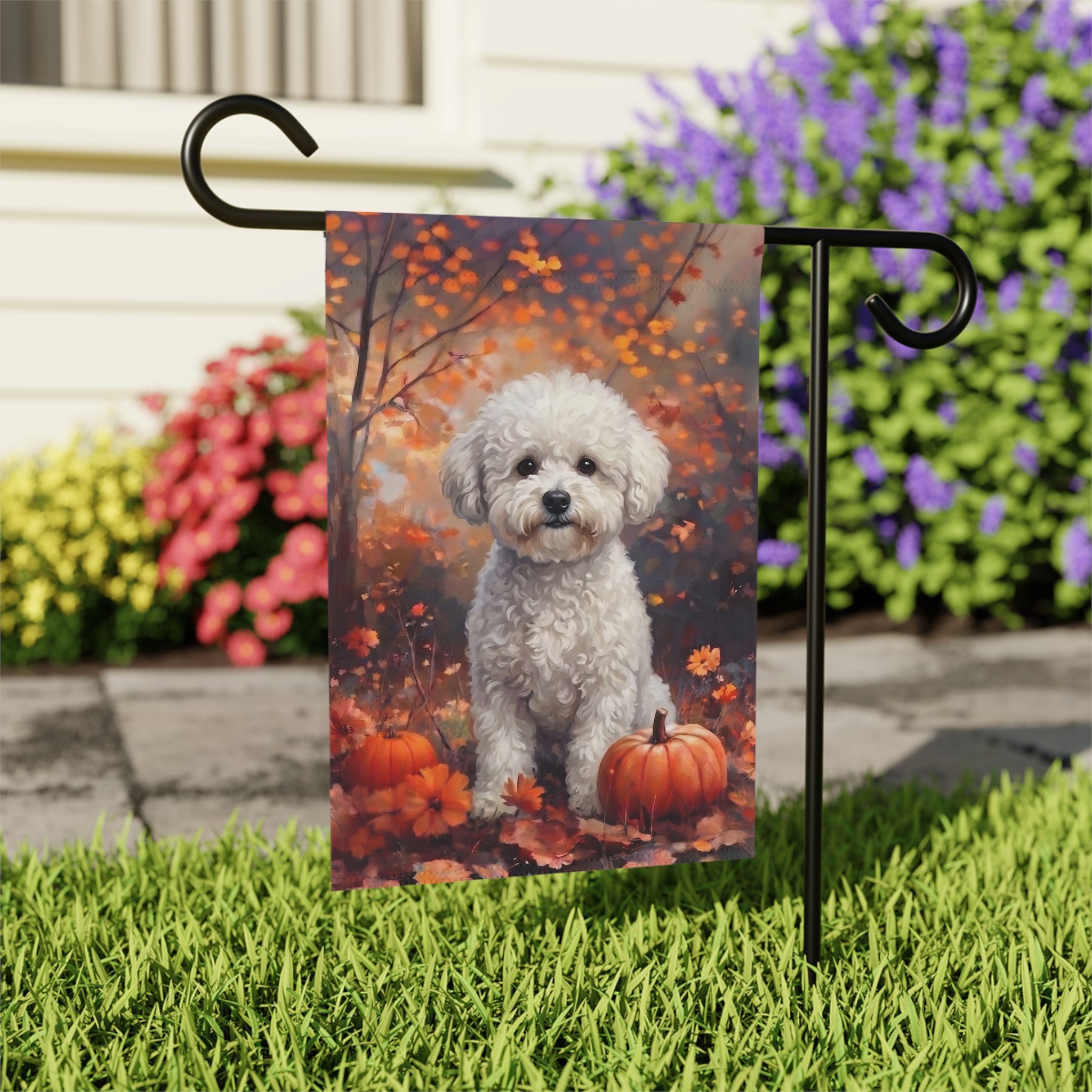 Fall Bichon Frise with Pumpkins Autumn Garden Flag
