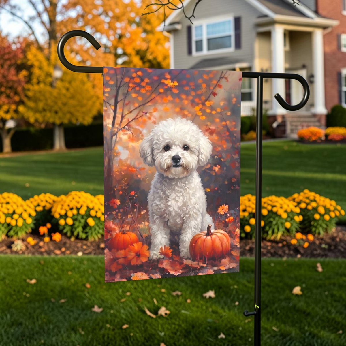 Fall Bichon Frise with Pumpkins Autumn Garden Flag