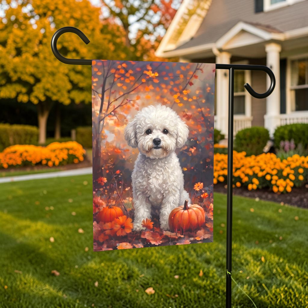 Fall Bichon Frise with Pumpkins Autumn Garden Flag
