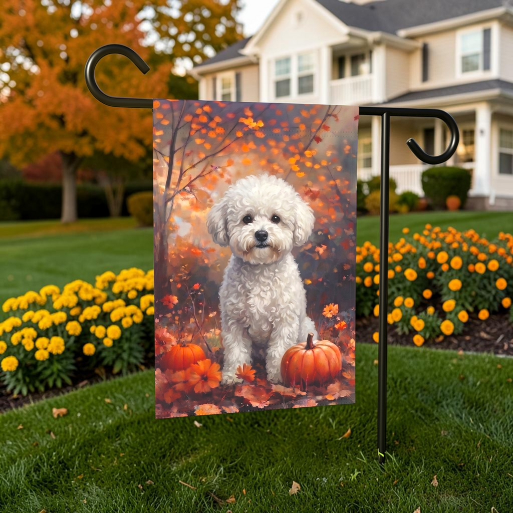 Fall Bichon Frise with Pumpkins Autumn Garden Flag