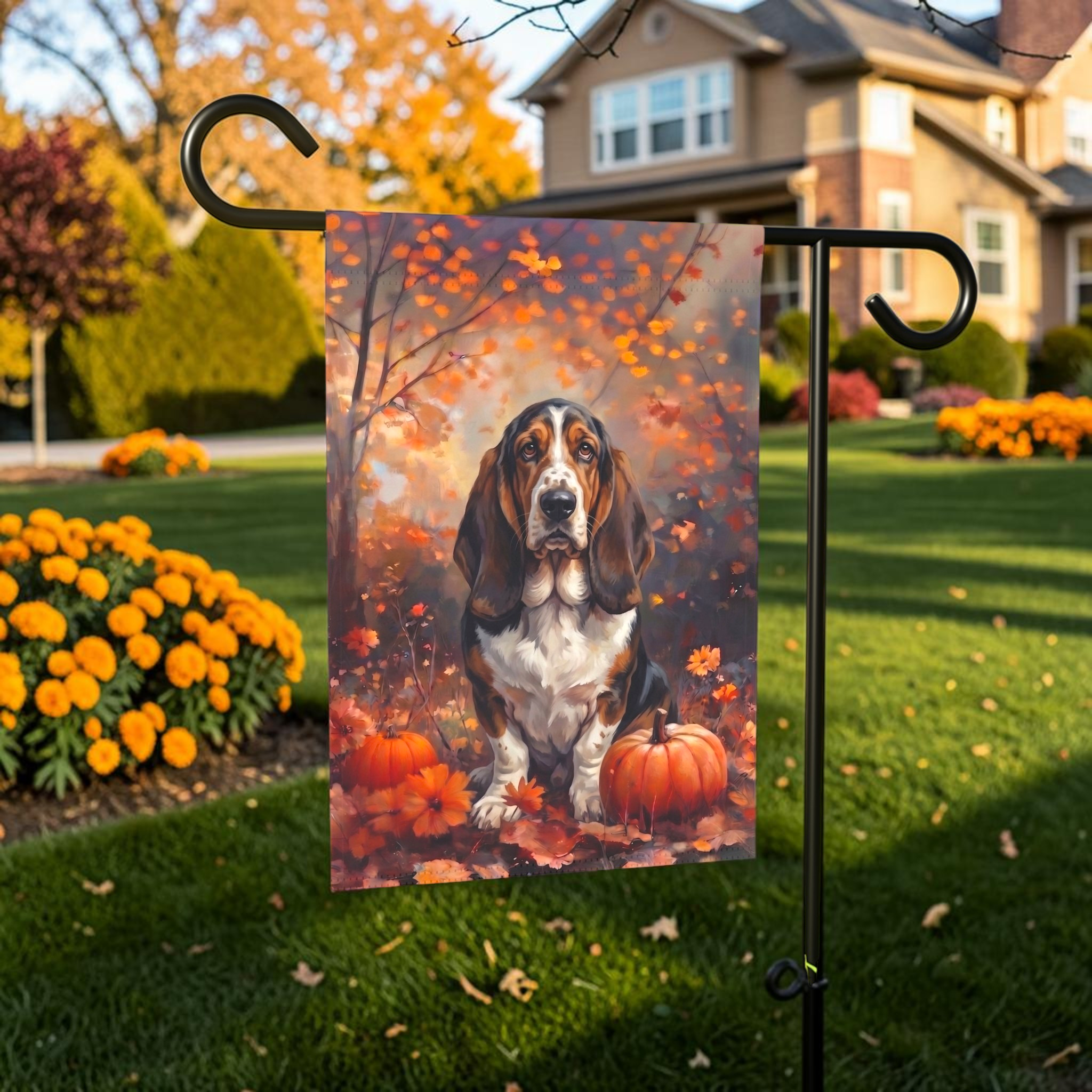 Fall Basset Hound With Pumpkins Autumn Garden Flag