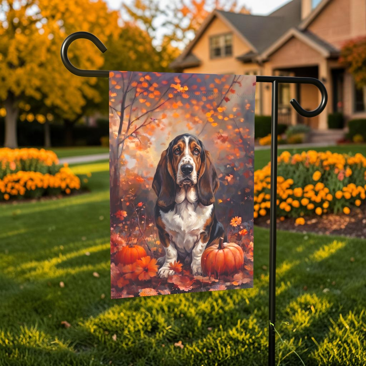 Fall Basset Hound With Pumpkins Autumn Garden Flag