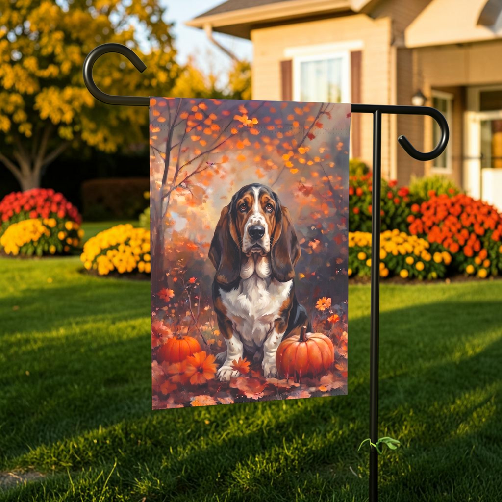 Fall Basset Hound With Pumpkins Autumn Garden Flag Double Sided 12x18 24x32