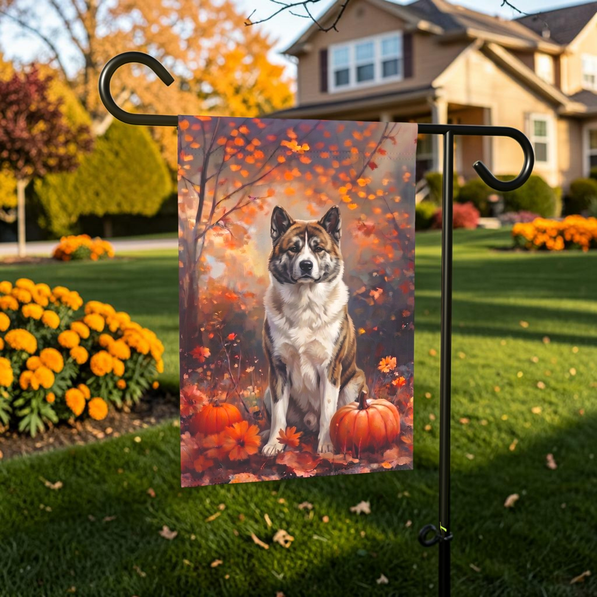 Fall Akita With Pumpkins Autumn Garden Flag