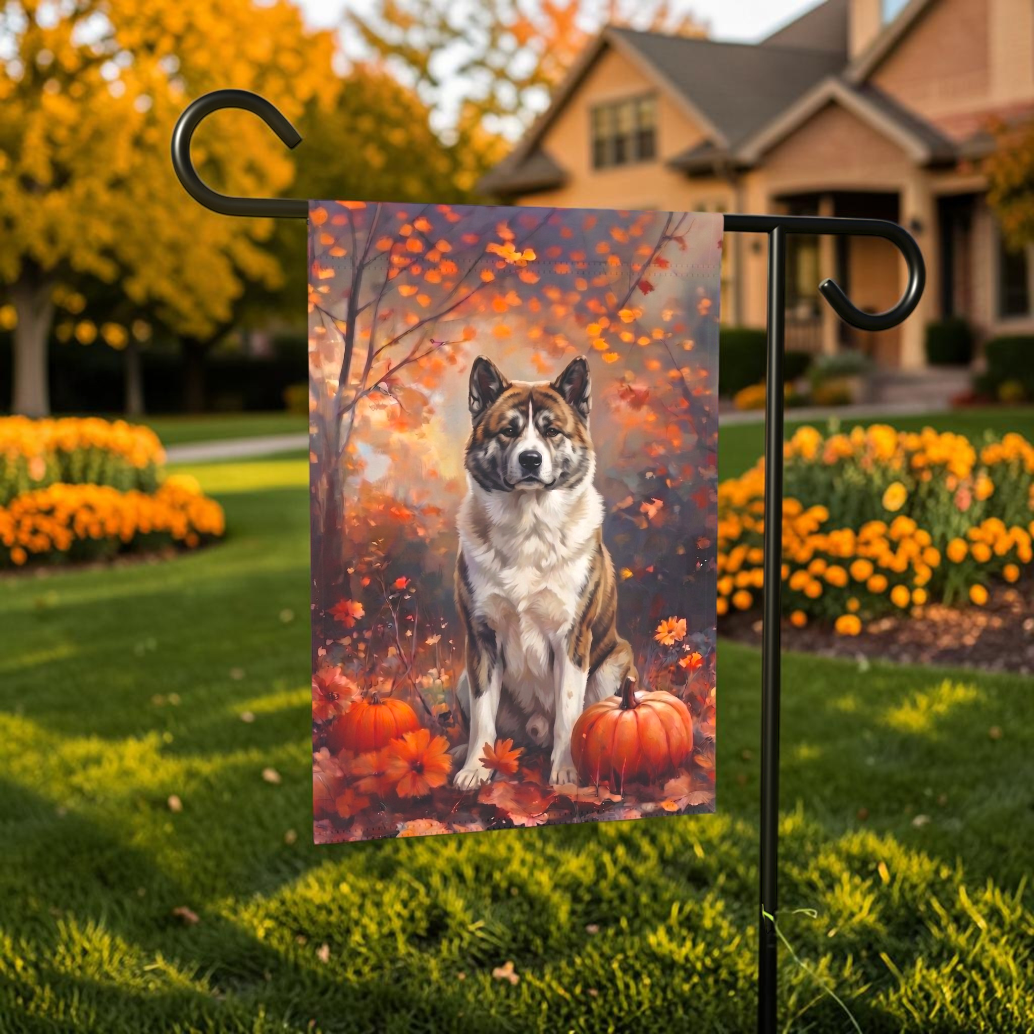 Fall Akita With Pumpkins Autumn Garden Flag