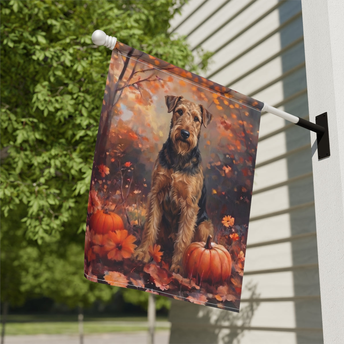Fall Airedale Terrier with Pumpkins Garden Flag