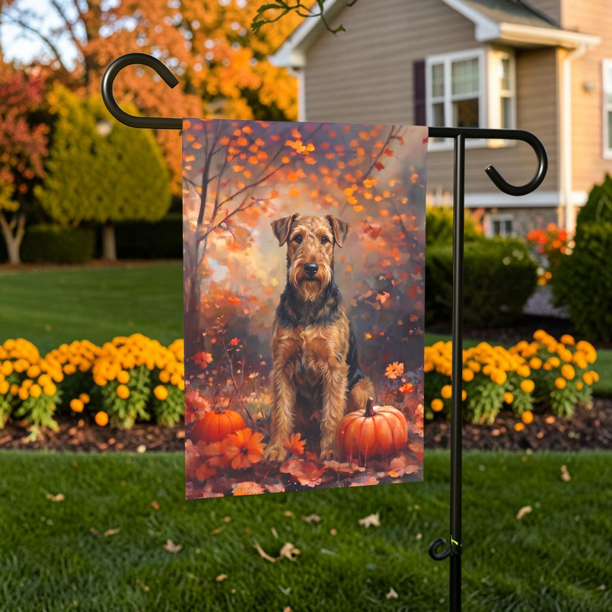 Fall Airedale Terrier with Pumpkins Garden Flag